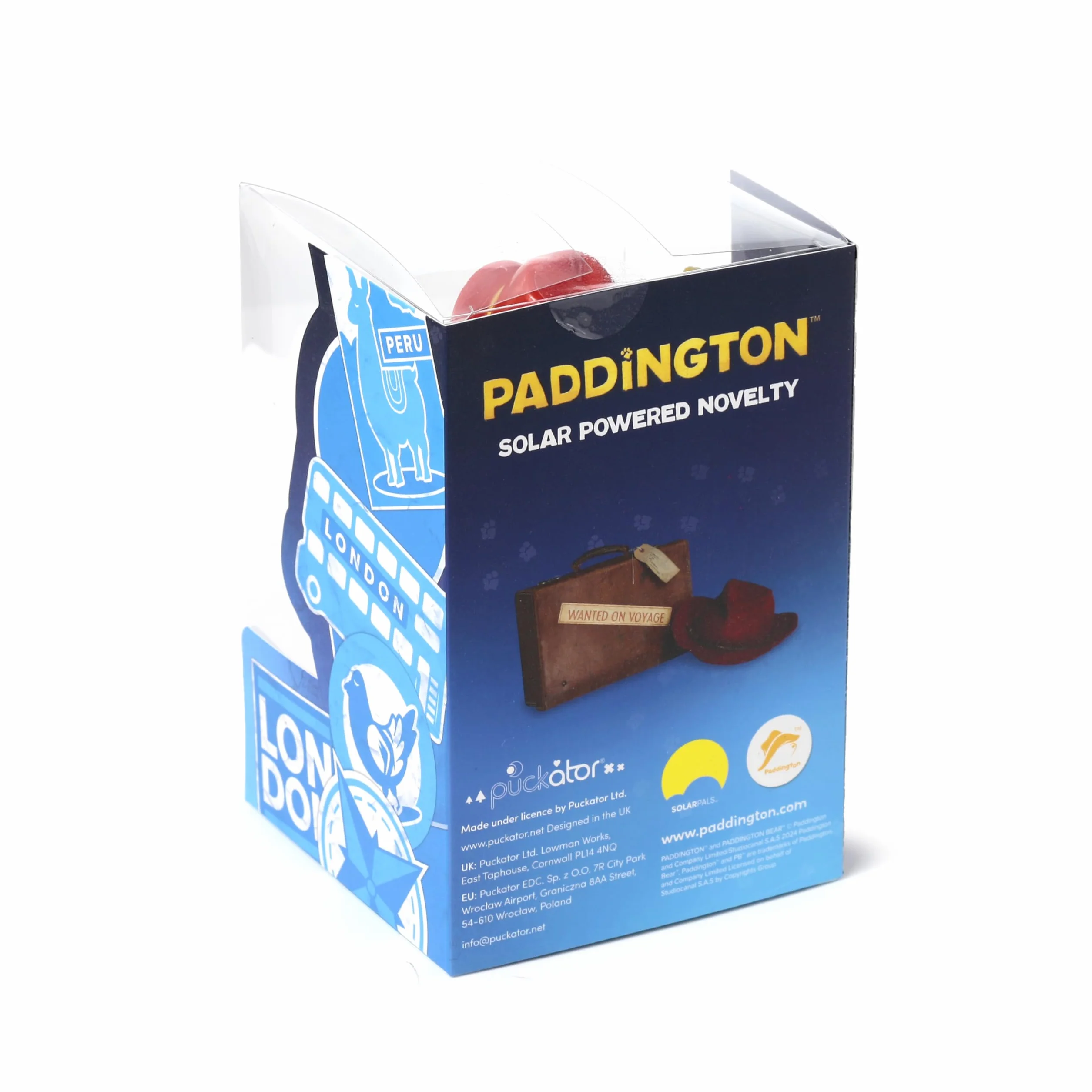 Paddington nied?wied? solarna figurka ko?ysz?ca si?, niebieski p?aszcz, czerwona podstawa