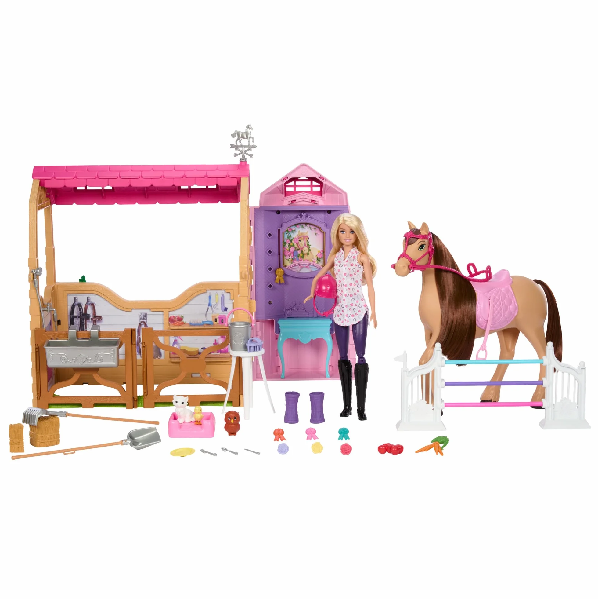 Barbie Stadnina Marzeń Zestaw filmowy z lalką, figurką konika i akcesoriami; ponad 25 elementów i 6 obszarów zabawy; inspirowany serialem Zagadki Barbie: Wielki Pościg JDN43