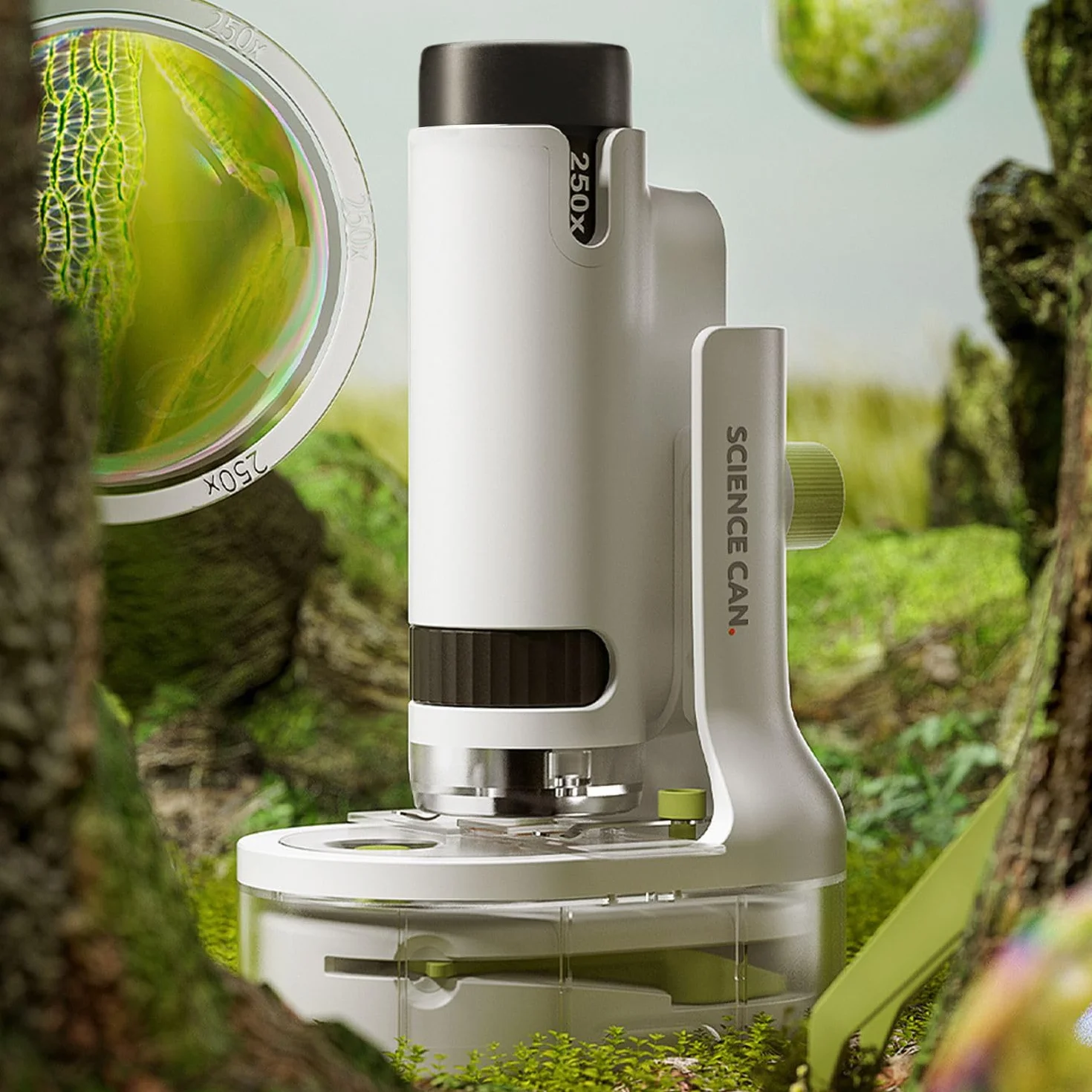ScienceCan zestaw 250 mikroskopów (przenośny mikroskop ze stojakiem, pęsetą, łopatką, szkiełkiem, próbnikiem, uchwytem na smartfon) 1601282023de0001
