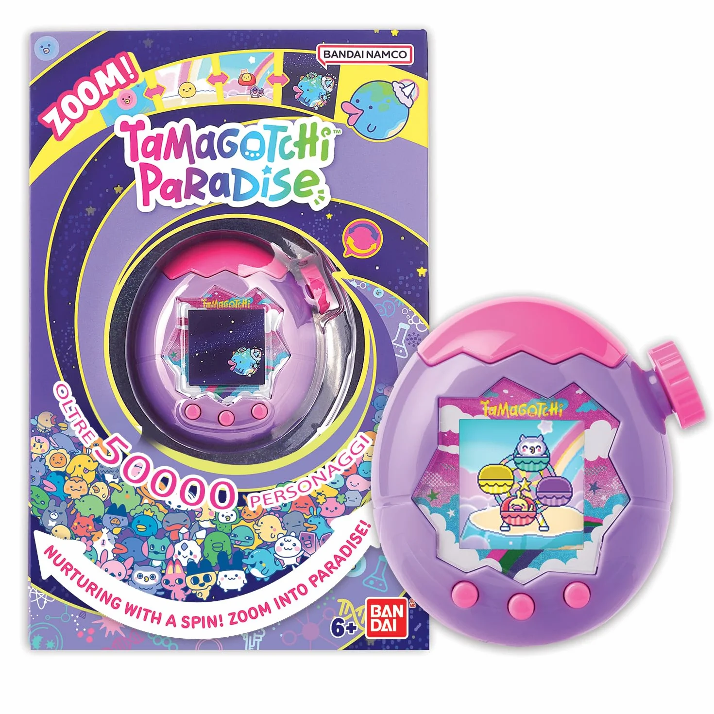 TAMAGOTCHI Bandai Paradise Ciel - Wirtualne zwierzę do hodowli z kółkiem zoomu - interaktywna zabawka w języku francuskim - Fioletowo-różowy model nieba - zabawka dla dzieci w wieku 6 lat i powyżej
