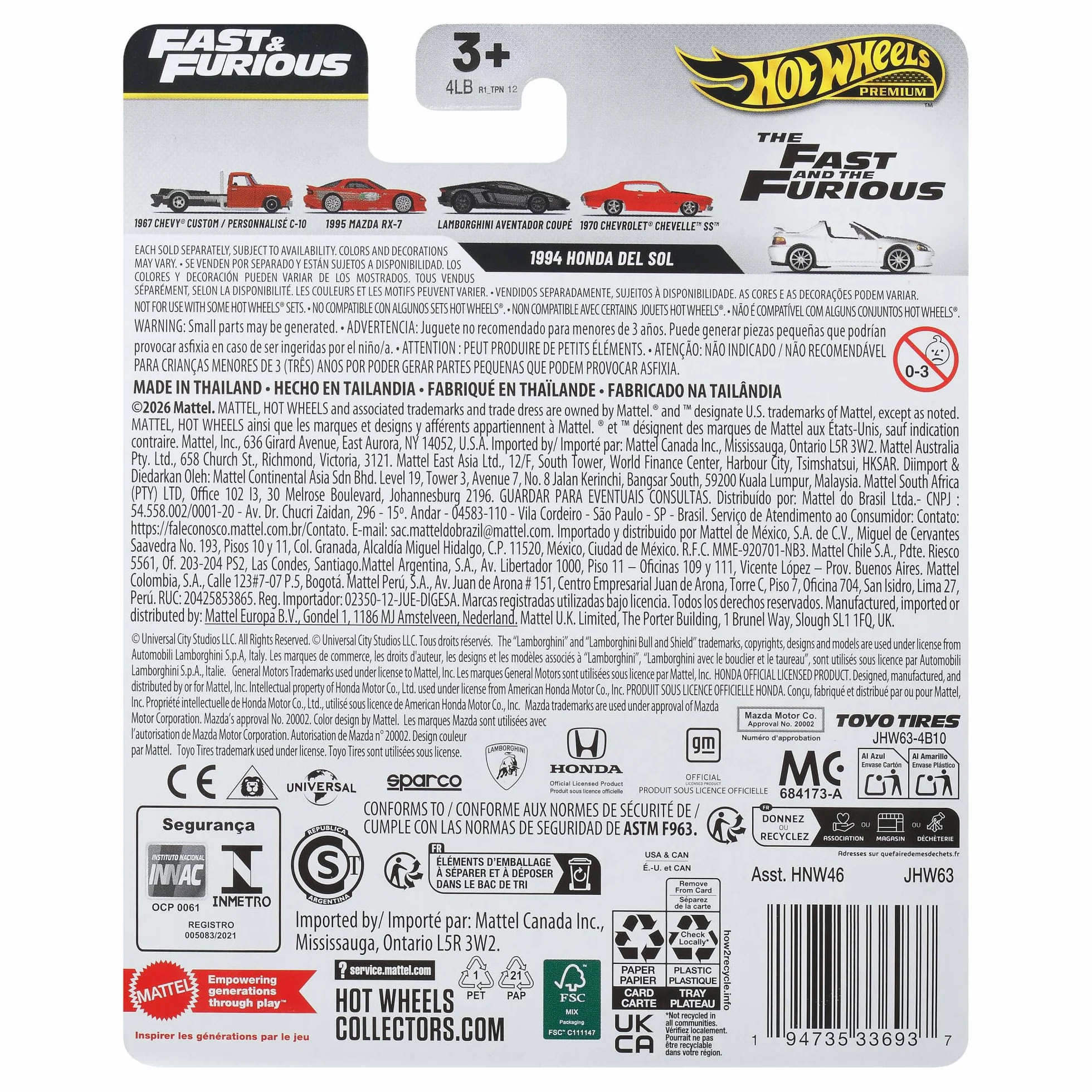 Hot Wheels Premium Fast & Furious Szybcy i wściekli Samochodzik 1994 Honda Del Sol, metalowe auto premium w skali 1:64, inspirowany serią filmową samochód zabawka dla kolekcjonerów, JHW63