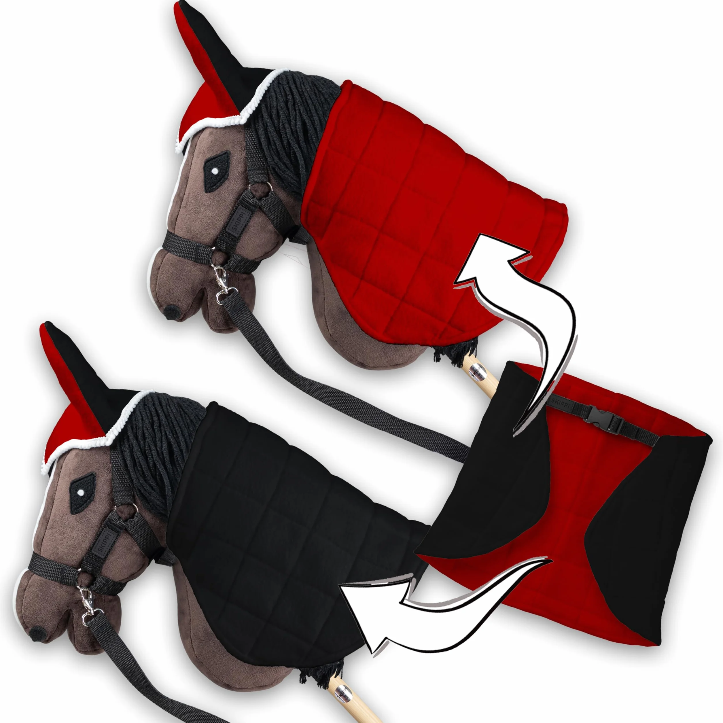SKIPPI Zestaw Derka i Nauszniki dla Hobby Horse - Czerwona i Czarna, Hobby Horse Akcesoria, Dwustronna Derka dla Konia na Kiju