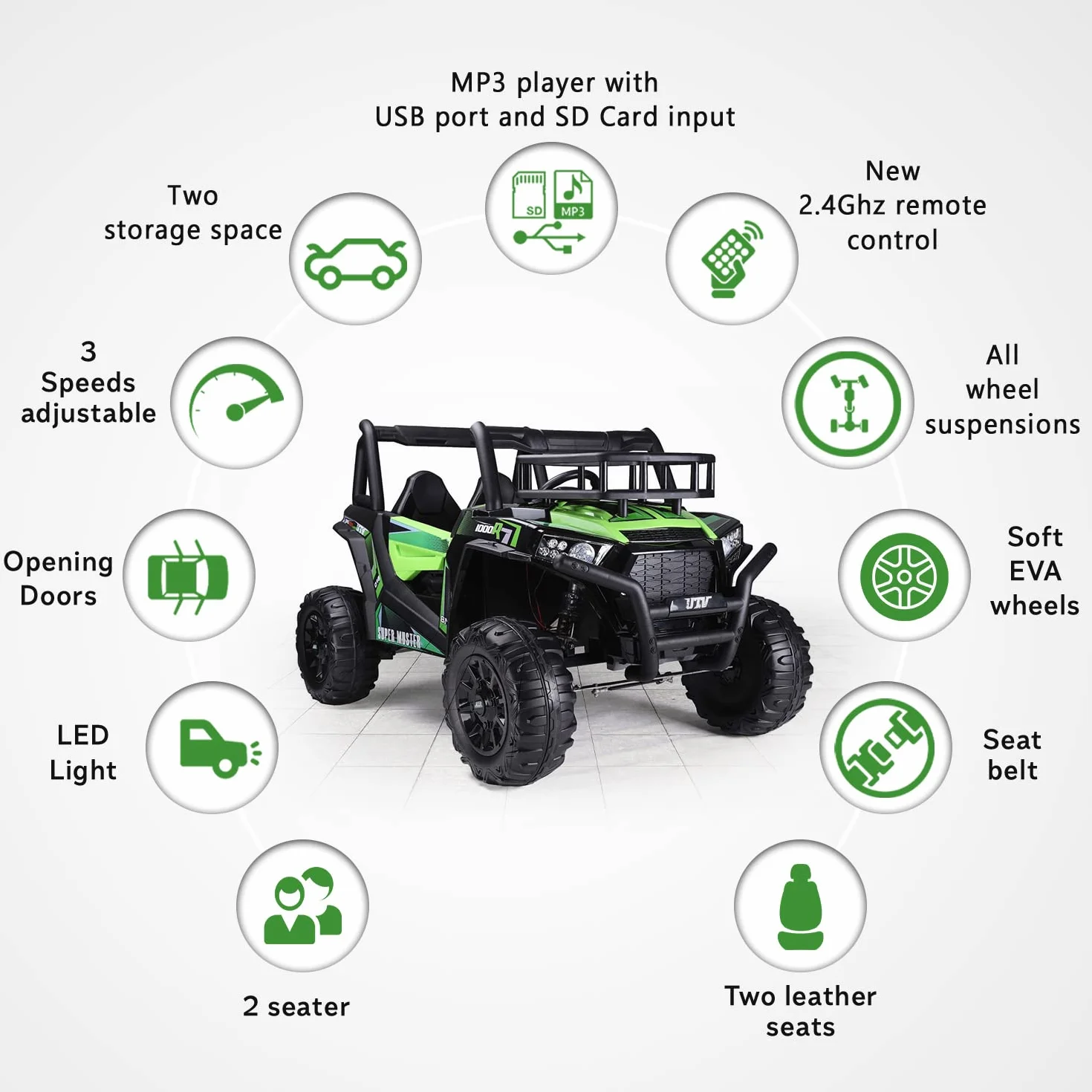 RIRICAR Samochód elektryczny dla dzieci Buggy 24 V UTV, zielony, dziecięcy samochód elektryczny 2-osobowy z pilotem zdalnego sterowania 2,4 GHz, silnik 2 x 200 W, akumulator litowy, koła EVA