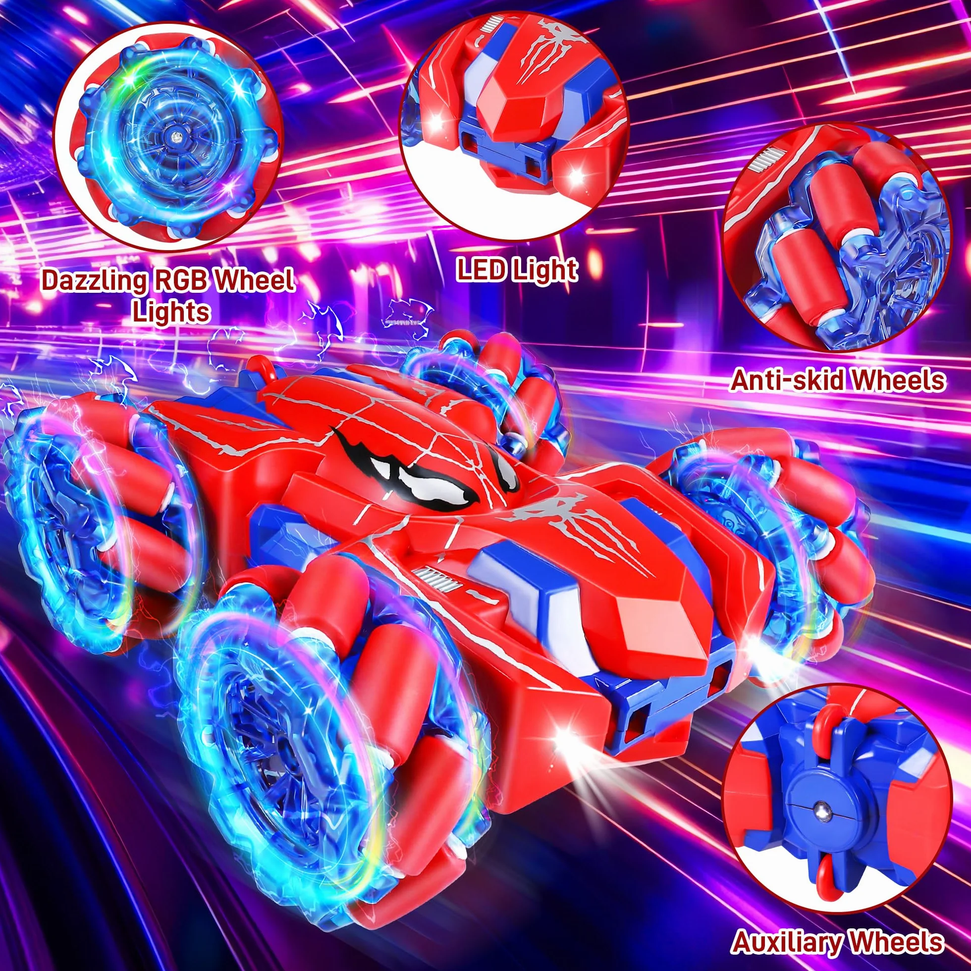spider Zdalne sterowanie samochodem - 2,4 GHz 360 ° śmiertelne skoki dwustronne monster truck dla chłopców 4 5 6 7 8 lat, 4WD RC samochód akrobacyjny z zimnym światłem (Red RC Car)