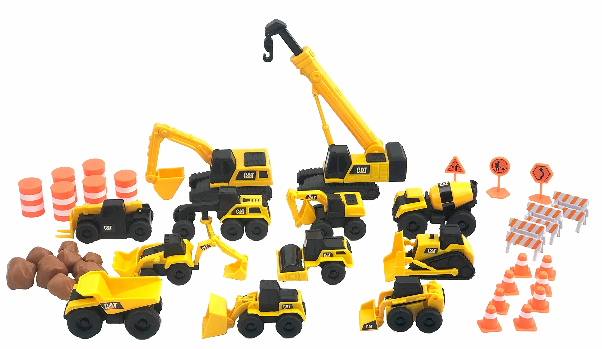 CAT® Construction Little Machines Mega zestaw I z 40 częściami zawiera pojazdy, dźwig, znaki drogowe, stożki, głazy i beczki I Dla dzieci w wieku 3+, żółty