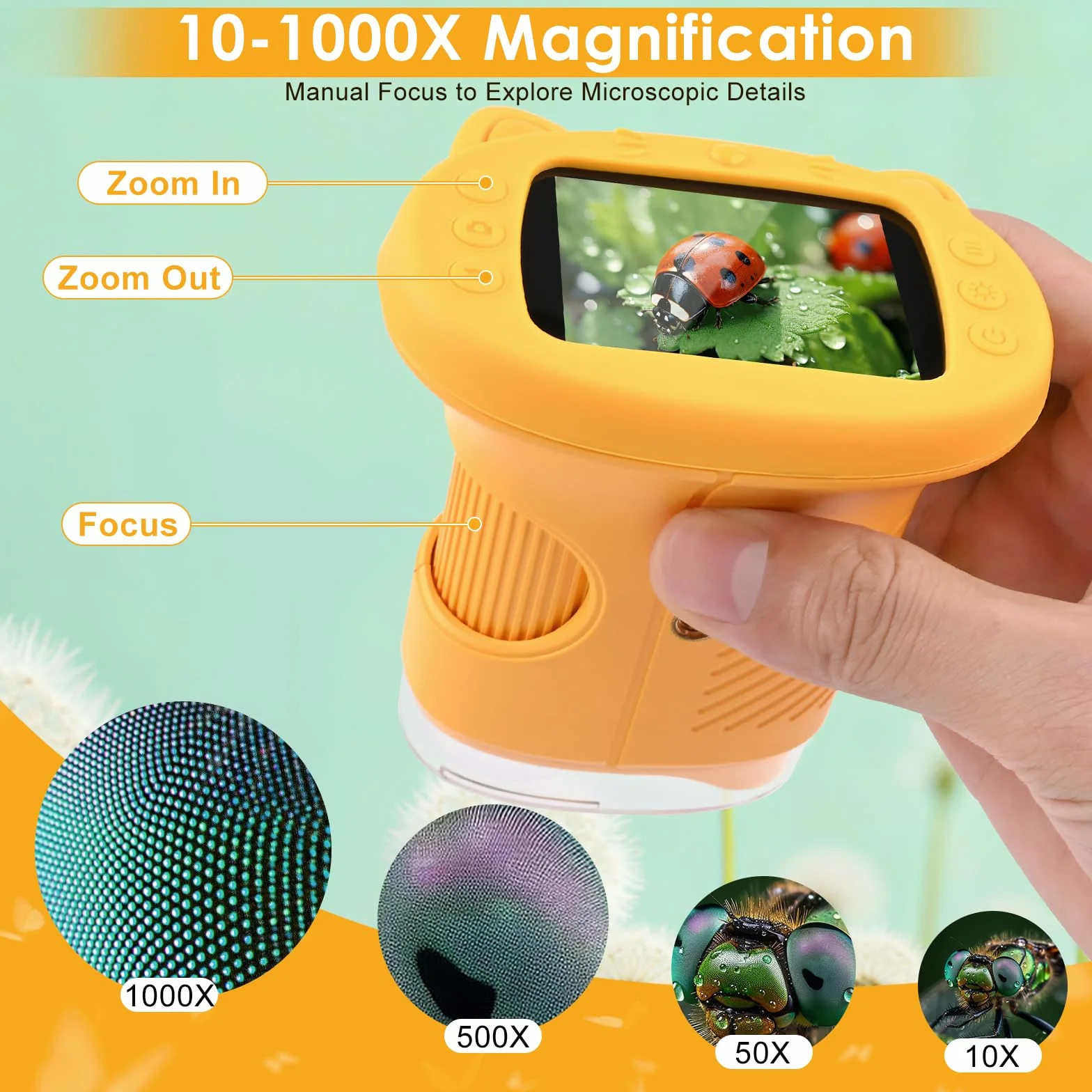 Mikroskop dla dzieci 1000X 4K Cyfrowy mikroskop dla dzieci z wyświetlaczem 1080P HD 2,4″ IPS i 8 LED, 1080P HD Przenośny mikroskop, ładowanie USB, nauka na zewnątrz od 3 lat (pomarańczowy)