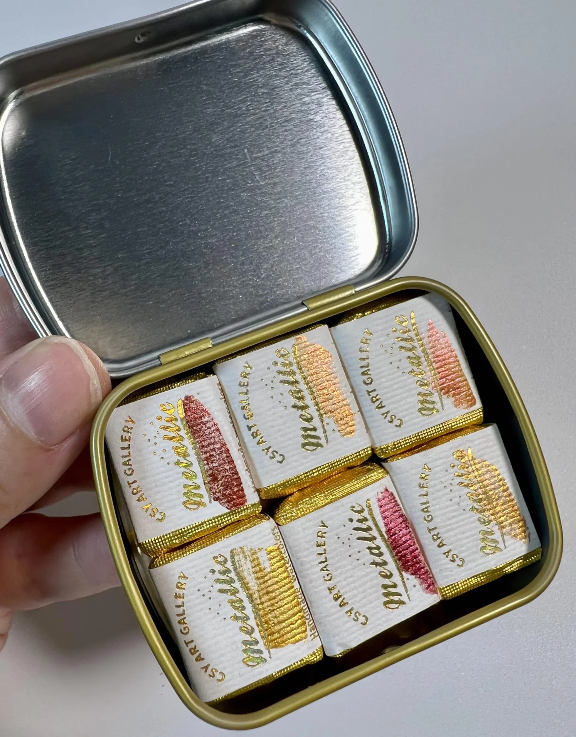Ręcznie wykonana paleta farb akwarelowych w kolorze złotym, metalicznym, mika, 6 kolorów, bardzo delikatny mosiądz, złoty, super jasny, akwarelowy, perłowy, połyskujący obraz