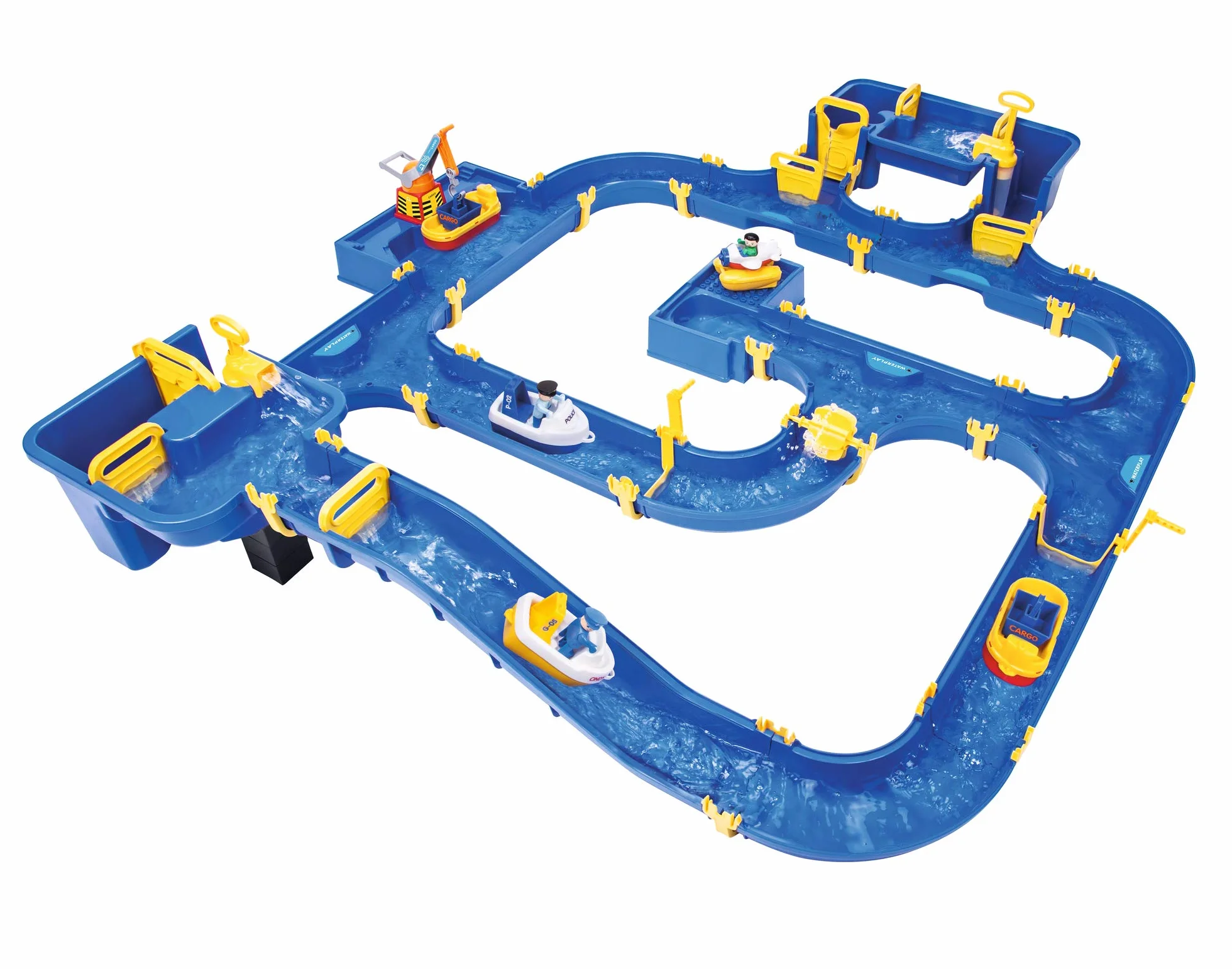BIG – Waterplay Amsterdam – kolejka wodna niebieska, 175 x 143 x 27 cm, z 4 łodziami, samolotami wodnymi i 3 figurkami, 2 śluby, pompa wodna i basen portowy, od 3 lat