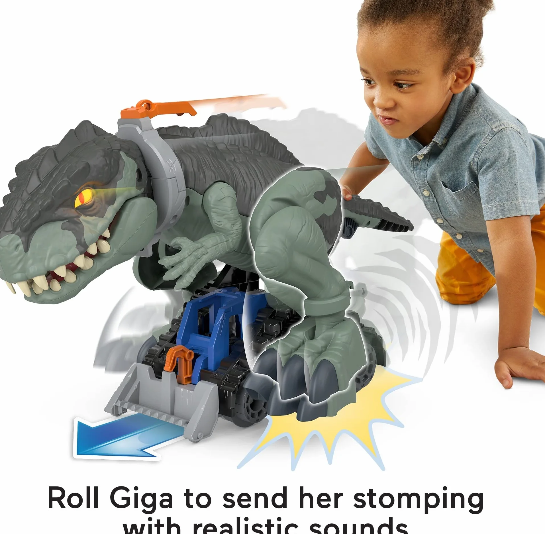 Imaginext Jurassic World Dominion Ryczący Gigadinozaur Potężny krok i Owen, figurka dinozaura (40 cm wysokości) ze światełkami, dźwiękami i ruchami, dla dzieci od 3 roku życia, GWT22