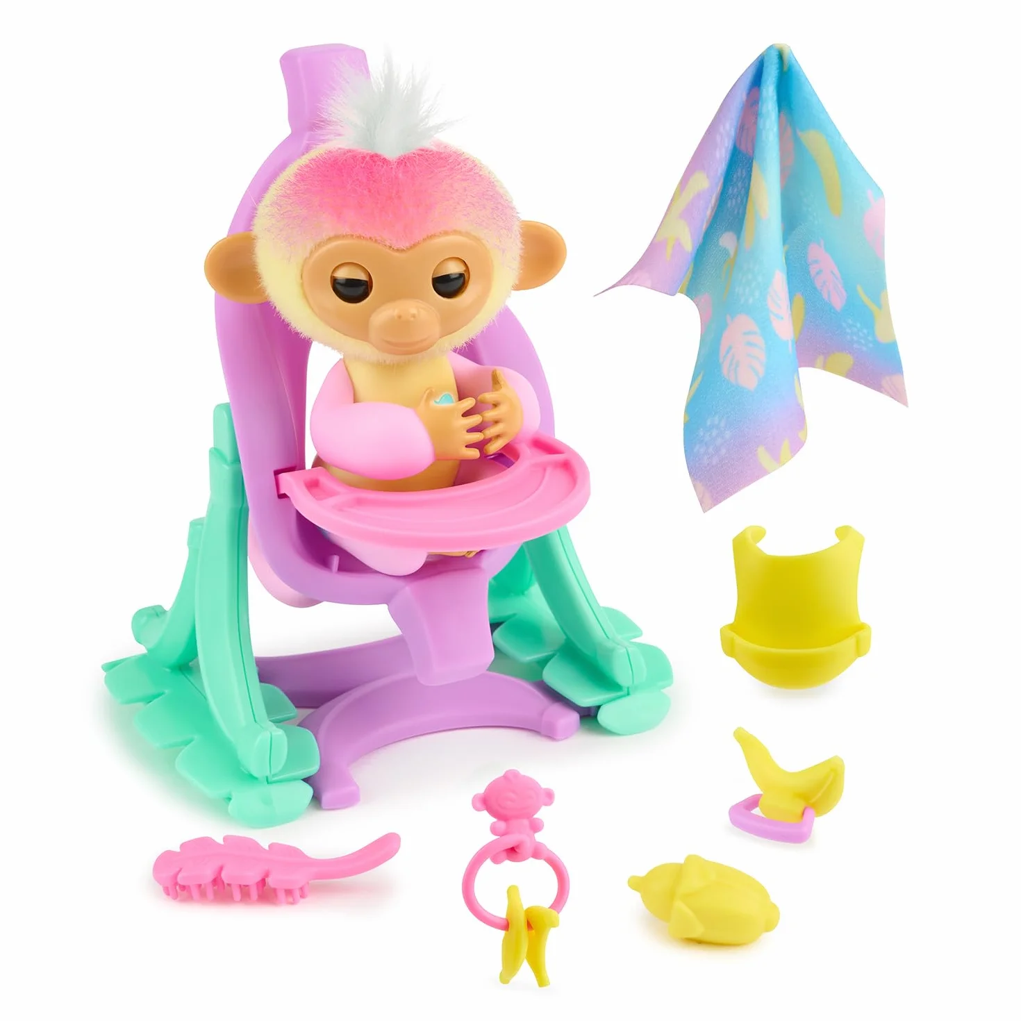 Fingerlings 2023 interaktywny zestaw dziecięcy z łóżeczkiem dziecięcym i krzesłkiem 2 w 1, 6 akcesoriów (od 5 lat)