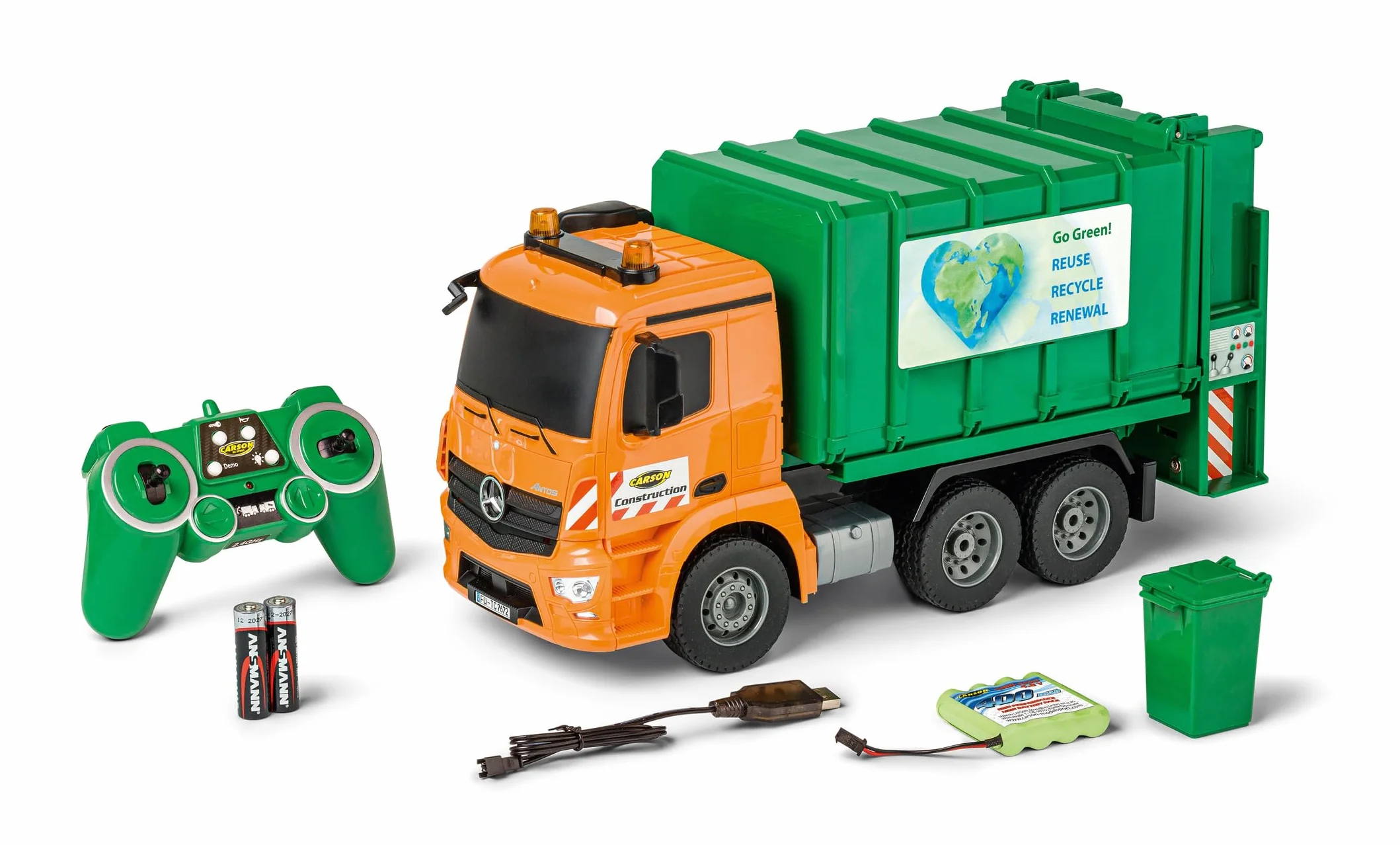Carson 500907672 Arocs śmieciarka, 1:20 MB, 100% RTR – 100% gotowa do jazdy, zabawka, samochód zabawkowy, zdalnie sterowana śmieciarka, dla dzieci od 8 lat, czas jazdy ok. 30 min, kolor zielony