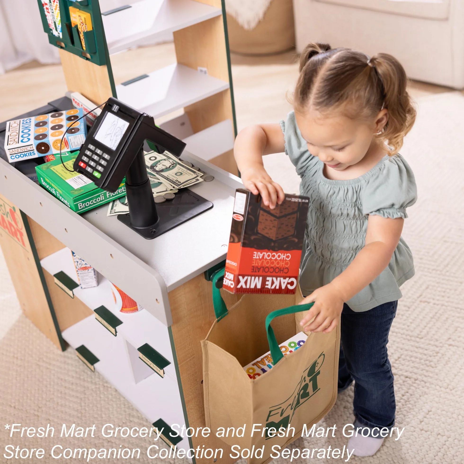 Melissa & Doug Drewniany sklep spożywczy Fresh Mart | Kasa dla dzieci | Zabawa w supermarket dla dzieci| Bardzo duży drewniany zestaw do zabawy z akcesoriami | Prezent dla chłopców I dziewczynek