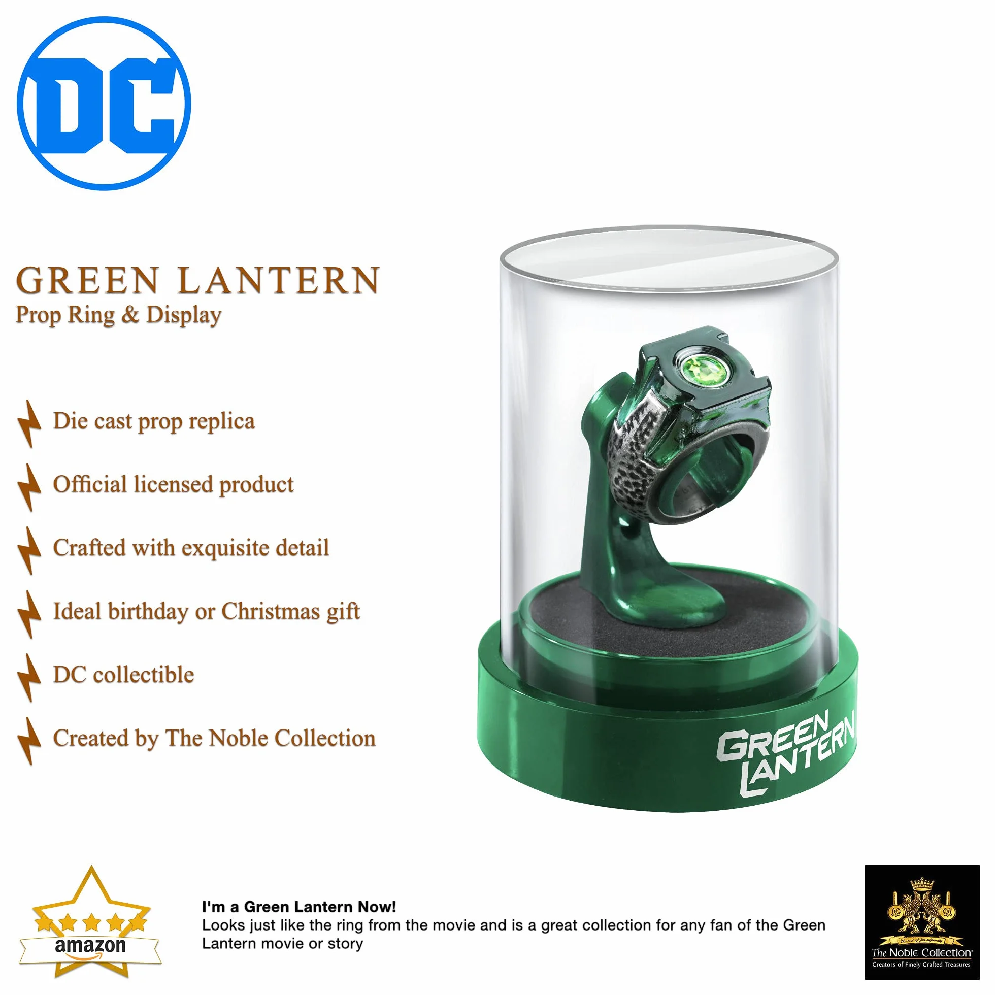 The Noble Collection Pierścień i wyświetlacz DC Green Lantern - Obsada Metalowy Pierścień z 4 cali (10cm) Etui na wyświetlacz - Oficjalnie licencjonowany zestaw filmowy Rekwizyty filmowe Prezenty