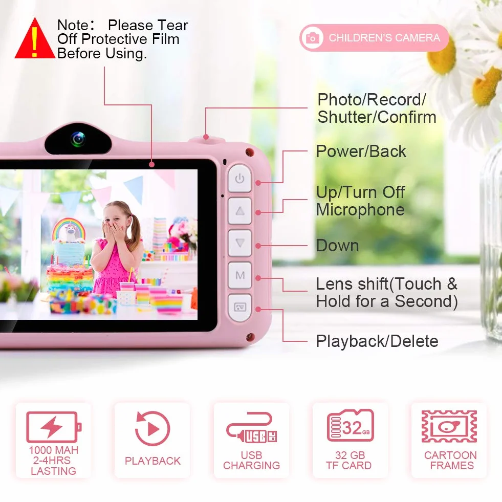 Kamera dziecięca – cyfrowy aparat dla dzieci z dużym ekranem o przekątnej 3,5'', 1080p HD 12MP, wbudowana karta SD 32GB, USB, możliwość ponownego ładowania, kamera do selfie, dla dziewczynek w wieku 3-10 lat, dla dziewczynek, na urodziny, dla dzieci