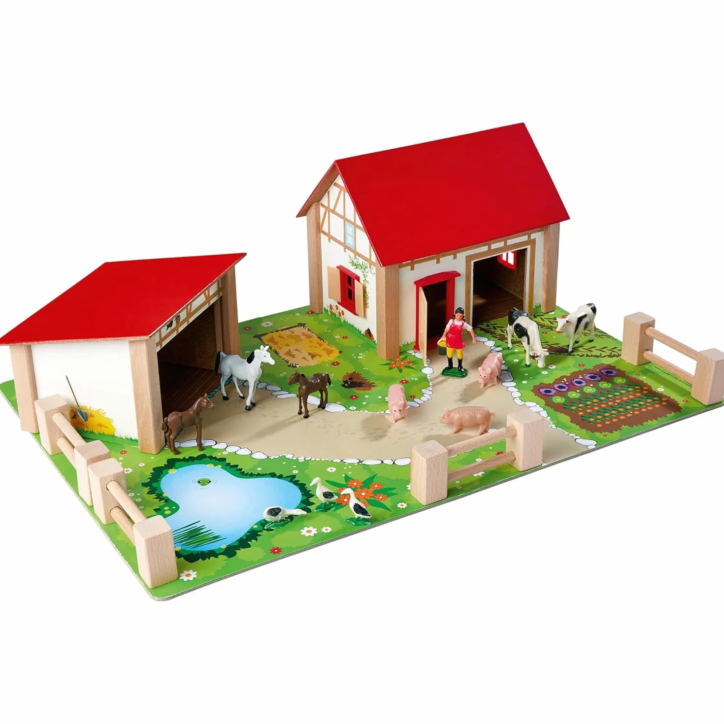 Eichhorn 100004309 Drewniana Farma 21 elementów, zestaw do zabawy gospodarstwo, zagroda i zwierzątka, 36 x 51cm, FSC® 100%, bezpieczna zabawka dla dzieci od 3 lat