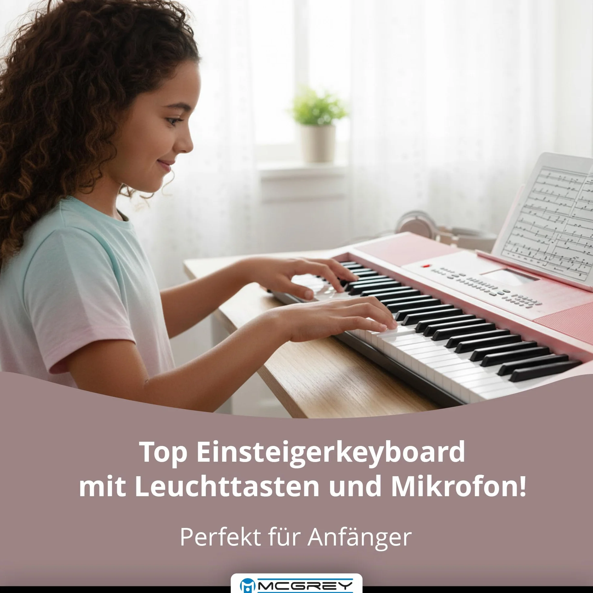 McGrey LK-6120-MIC Keyboard z mikrofonem i zestawem słuchawek dla dzieci – klawiatura dla początkujących z 61 przyciskami świecącymi – 255 dźwięków i 255 rytmów – 50 utworów demo – mikrofon i