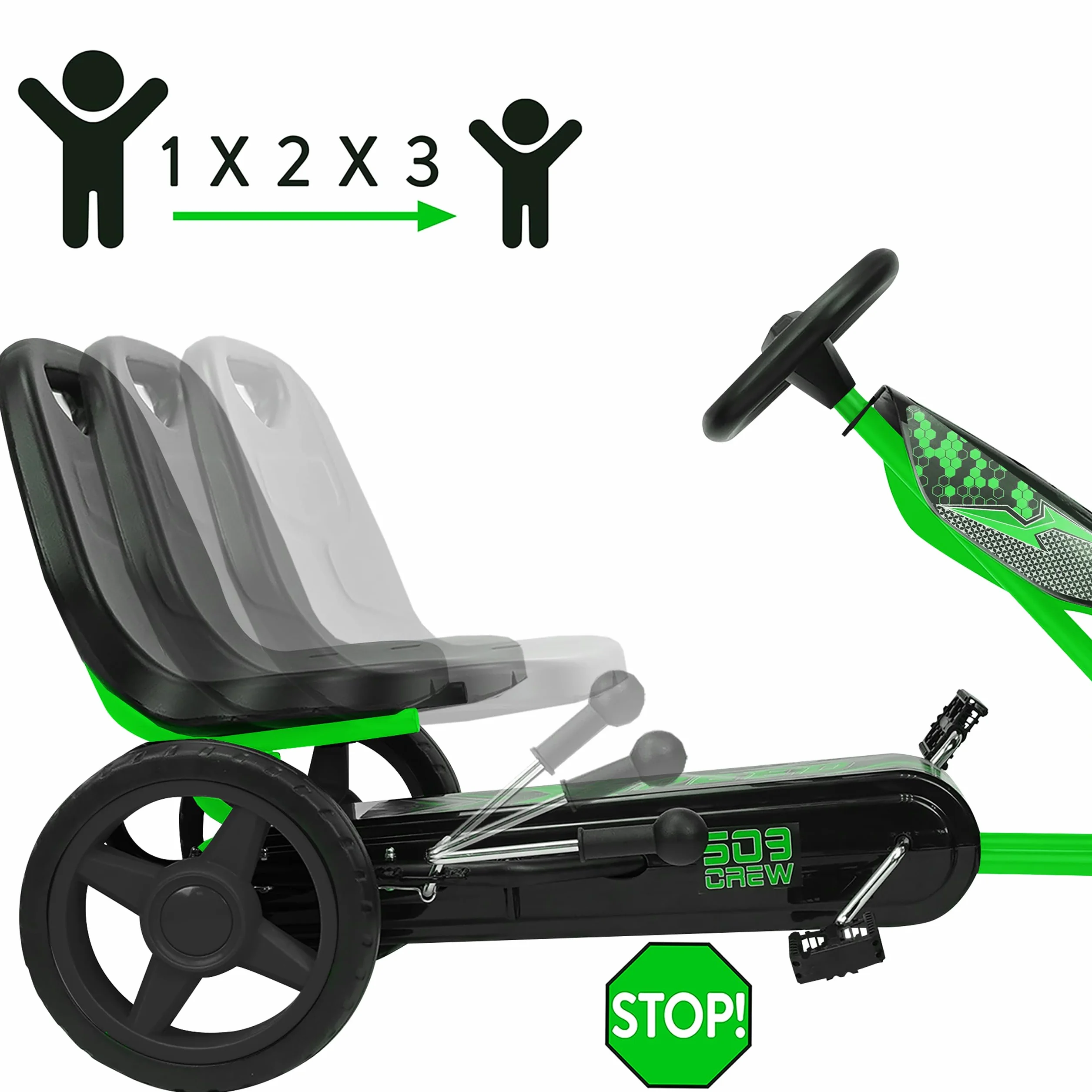 509 Crew XSpeed Go-Kart zielony, grafika sportowa, regulowane siedzisko, felgi 25 cm, koła EVA, hamulec ręczny