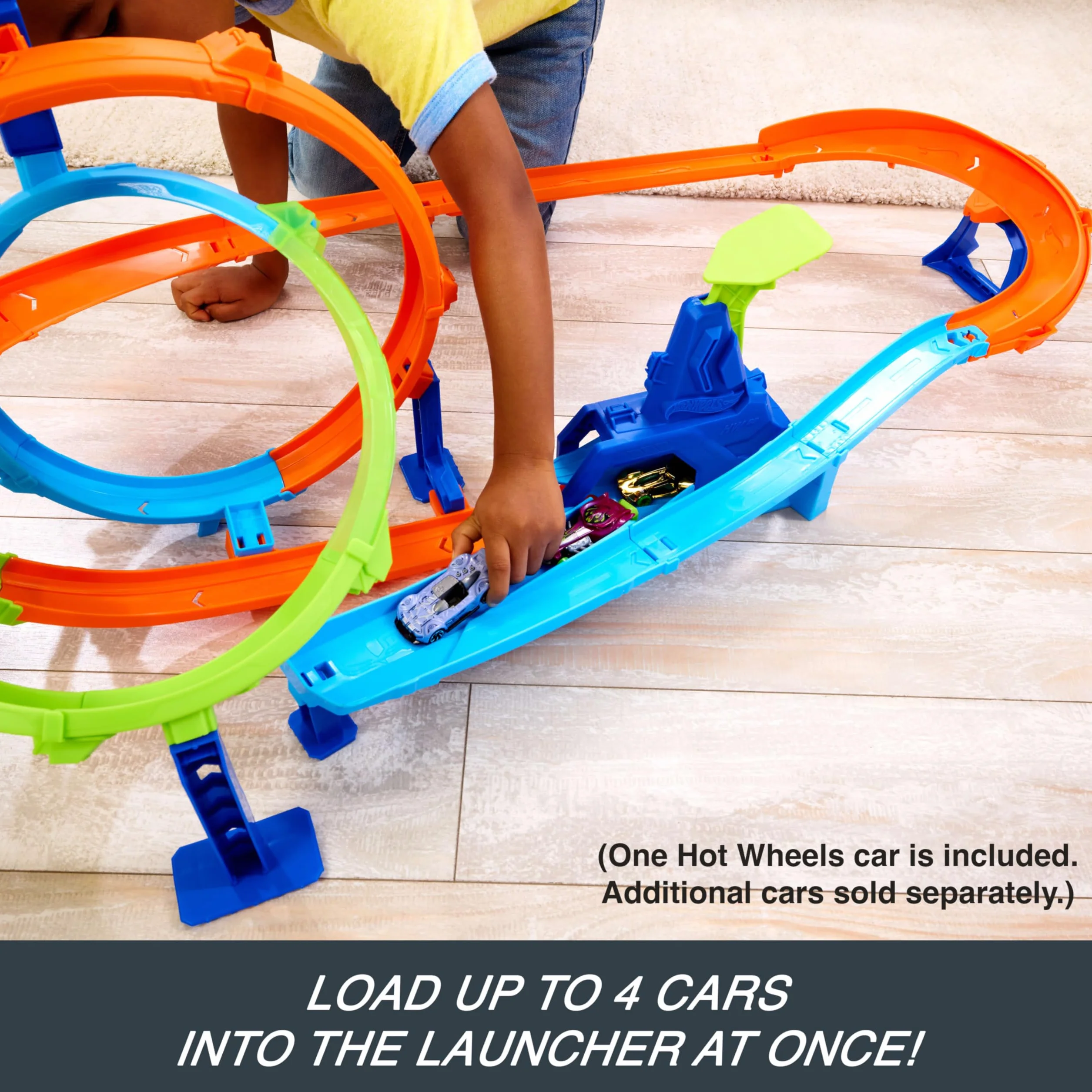 Hot Wheels Stunt Tracks Tor wyścigowy Rajdowy cyklon Zestaw i metalowy samochód zabawka w skali 1:64, podwójna pętla, strefa kraks, zabawka dla dzieci 4+, JHK73