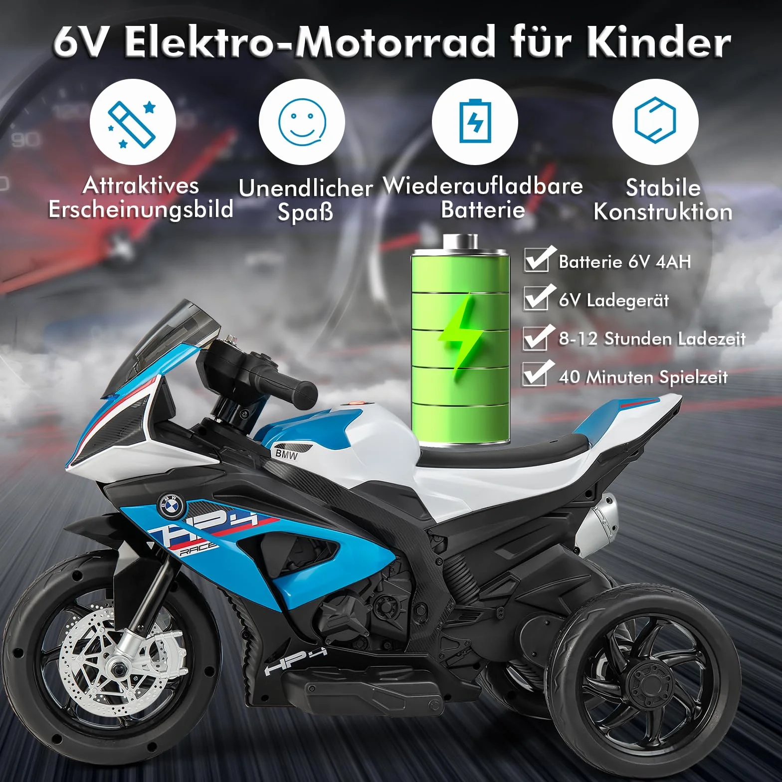 GOPLUS 6 V BMW dziecięcy motocykl elektryczny z muzyką i reflektorami, dla dzieci 3-8 lat, trójkołowy pojazd z pedałem nożnym, obciążenie do 30 kg