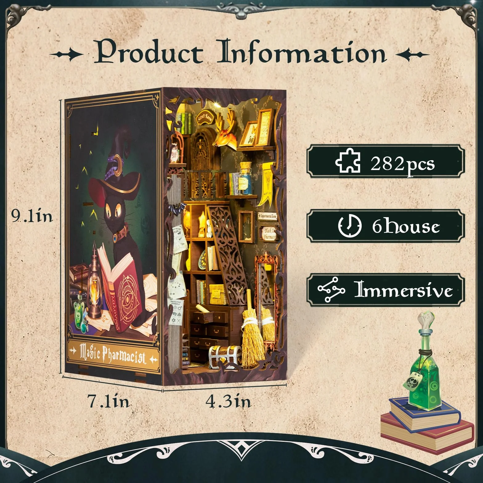 Fsolis Book Nook DIY, miniaturowy domek dla lalek, zestaw z drewnianymi meblami i oświetleniem LED, narożnik na książki, zestaw do budowy dla dorosłych, kreatywny prezenti(Magic Pharmacist)