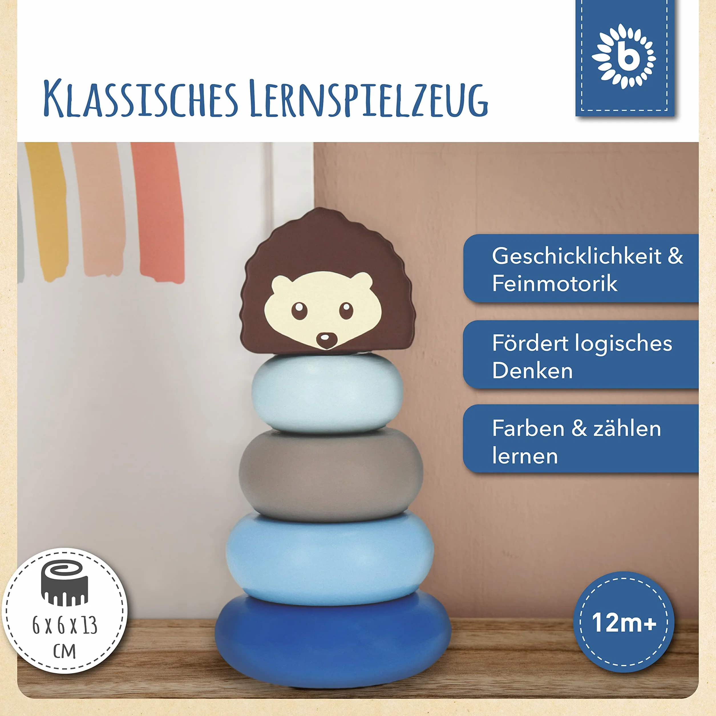 Bieco Wieża do układania w stos drewniany jeż | 13,5 cm, niebieski | wieża układana w stos od 1 roku życia | 5-częściowa piramida wtykowa | nowoczesna gra w stos | kolorowy pierścień piramida | wieża