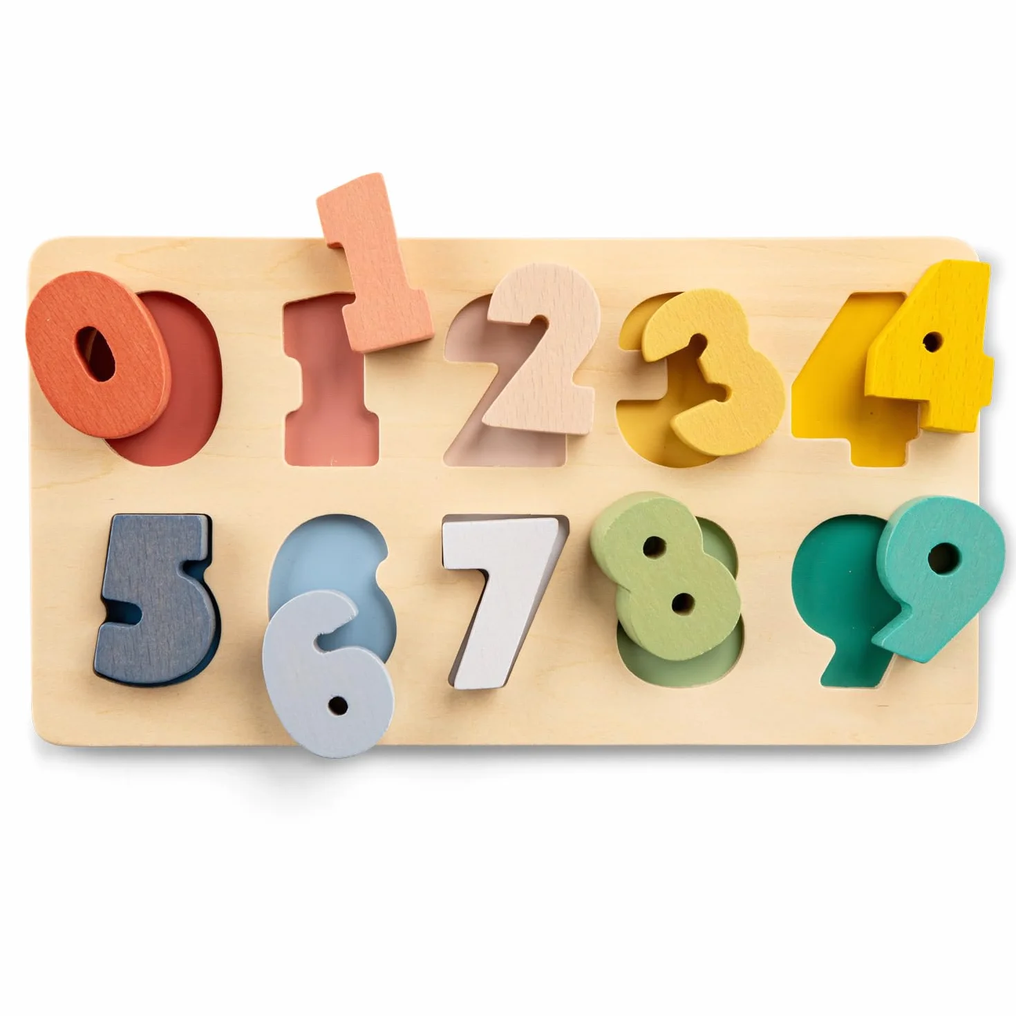Woet Puzzle drewniane cyfry 0-9 - zabawka edukacyjna Montessori z certyfikatem FSC dla małych dzieci - grube kolorowe cyfry - od 2 lat - prezent dla dziewcząt i chłopców