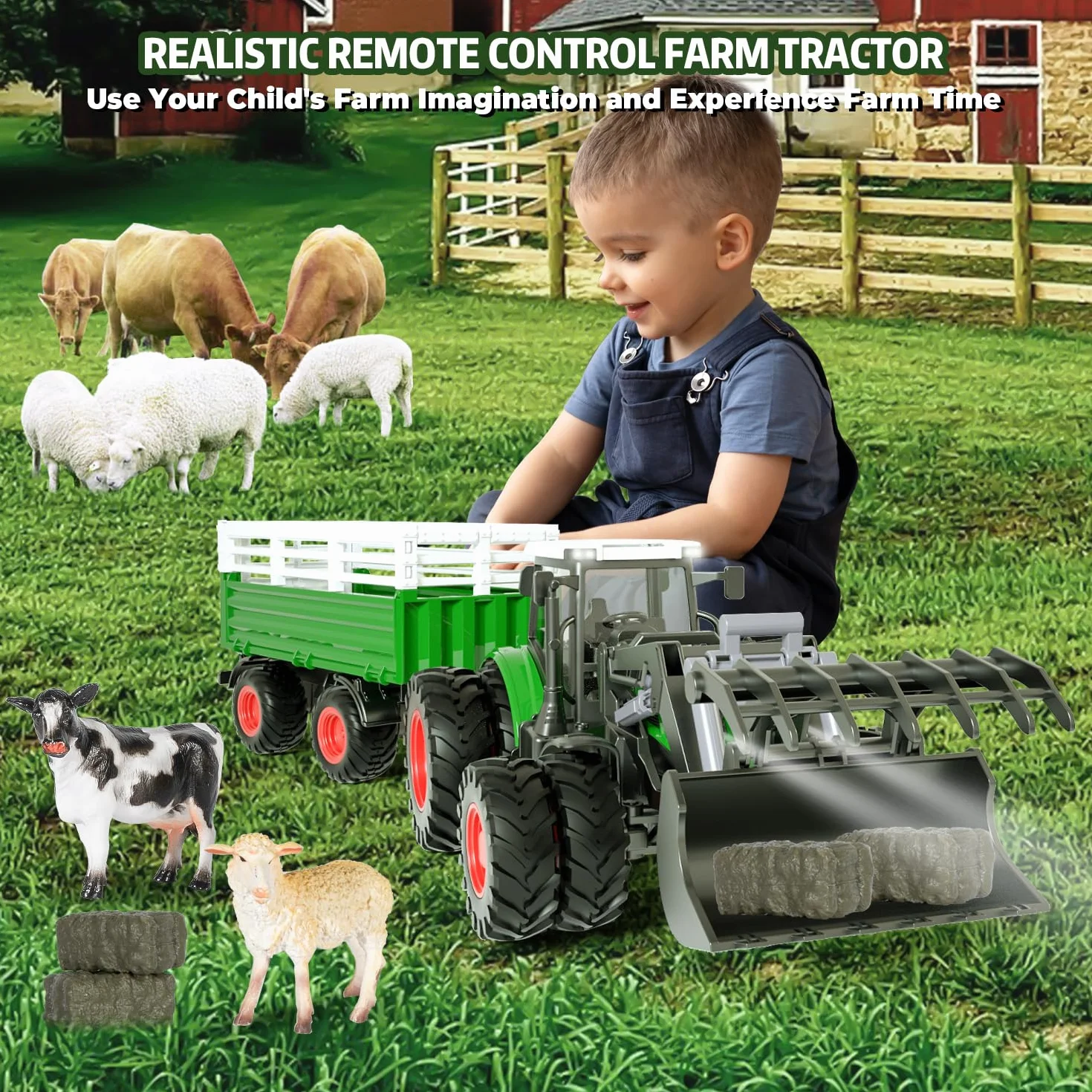 PENGBU RC Zabawka Traktorowa 2,4 GHz, Zdalnie Sterowany Traktor Rolny z Pilotem, Krowa i Owca - Prezent dla 3-8 Lat