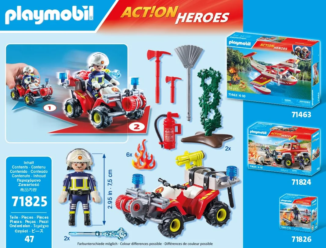 PLAYMOBIL | Action Heroes | Quad strażacki gasi pożar krzewów | Samochód strażacki | Zabawka dla dzieci od 4. roku życia | 71825