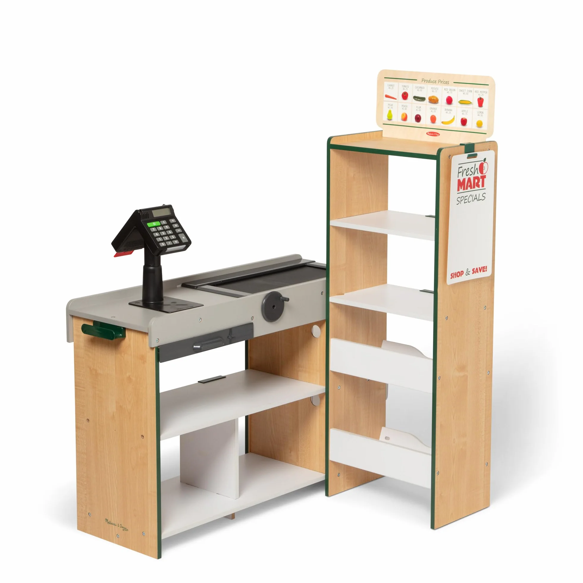 Melissa & Doug Drewniany sklep spożywczy Fresh Mart | Kasa dla dzieci | Zabawa w supermarket dla dzieci| Bardzo duży drewniany zestaw do zabawy z akcesoriami | Prezent dla chłopców I dziewczynek