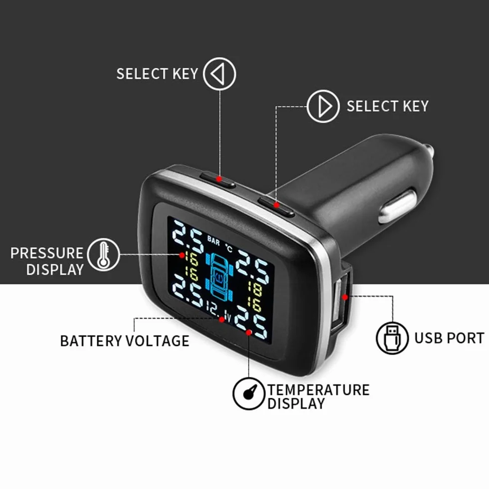 Terisass TPMS DC 12V samochód 433,92 MHz System monitorowania ciśnienia w oponach Wyświetlacz zapalniczki z 4 szt.Zestaw uniwersalnych czujników zewnętrznych C-100
