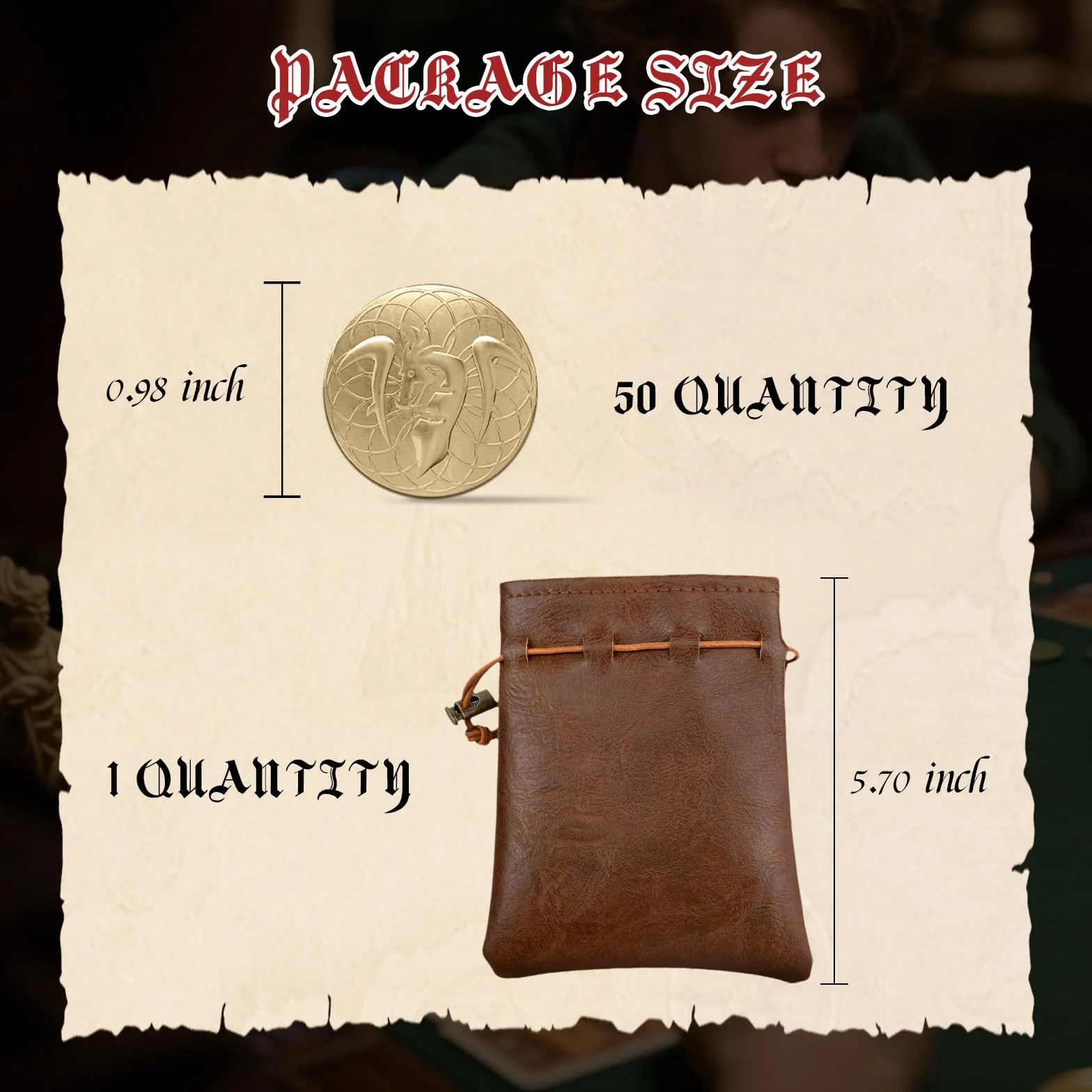 50 sztuk złotych monet i torba ze skóry PU, metalowe monety DND, moneta fantasy do gier planszowych, fałszywe monety do lochów i smoków, gry RPG Średniowieczne akcesoria retro