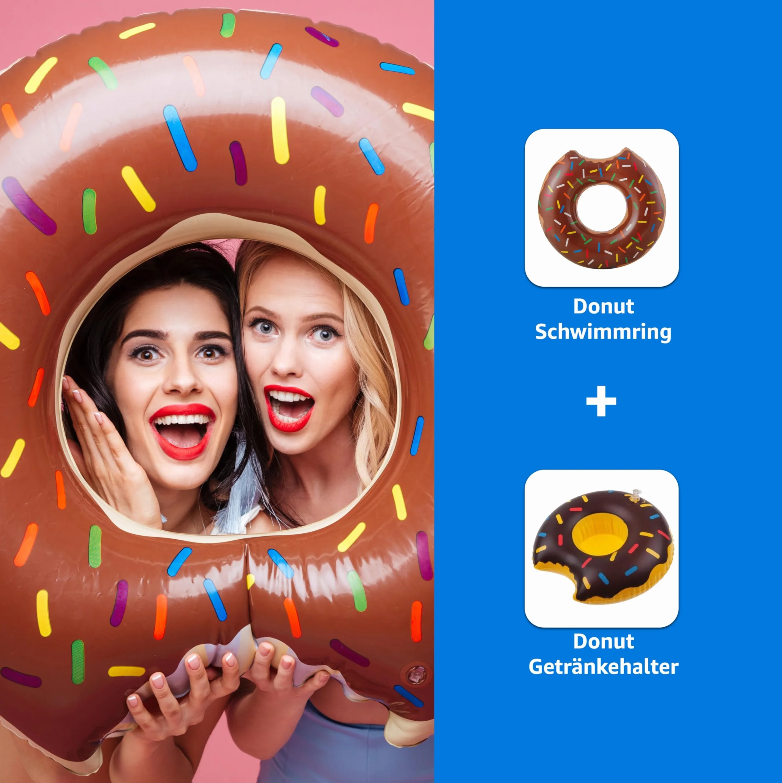 TK Gruppe Timo Klingler dmuchany donut do pływania o średnicy 120 cm + dmuchany uchwyt na napoje, dmuchane koło nad wodę, dla dorosłych i dzieci