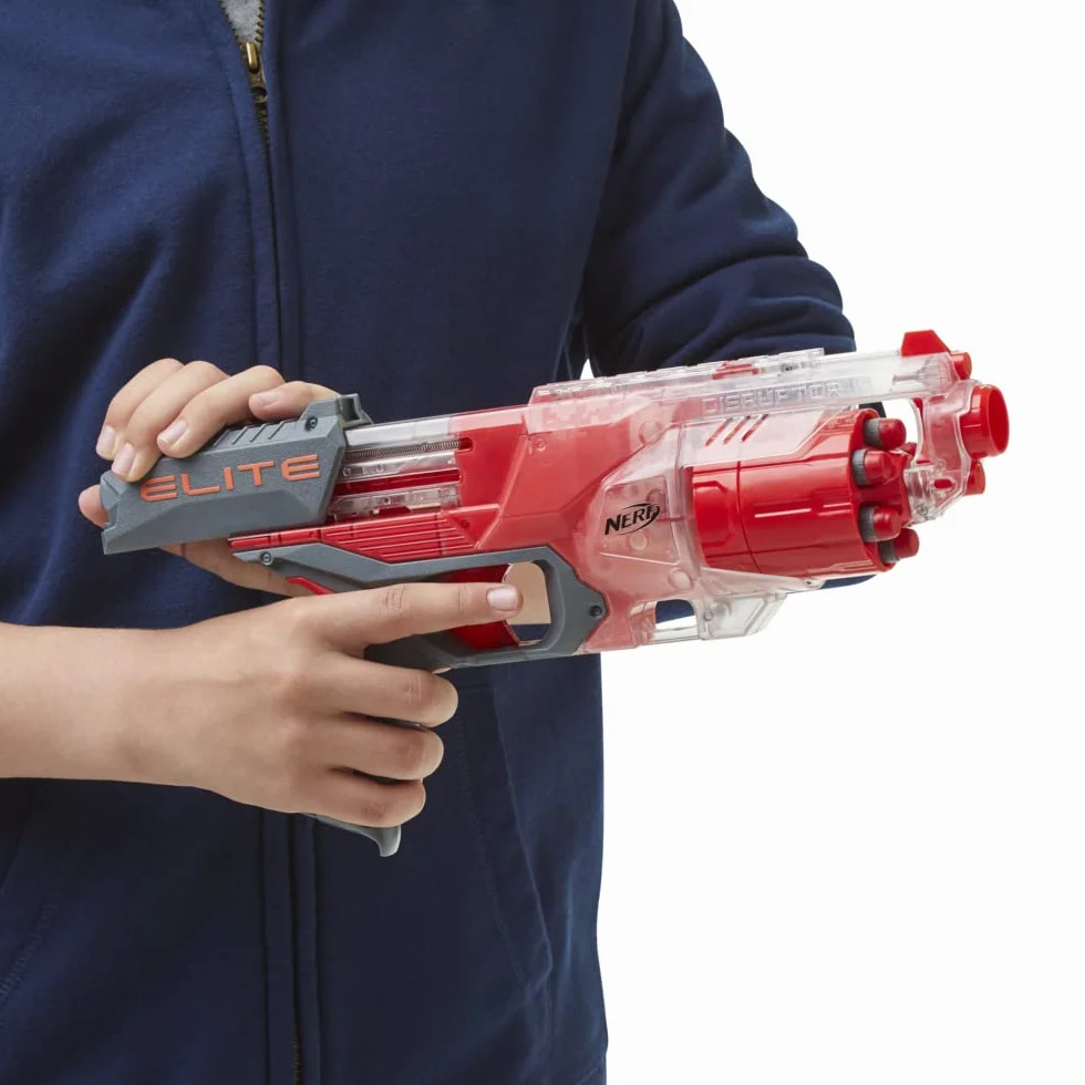 Wyrzutnia Nerf Elite Disruptor, 6-strzałkowy magazynek obrotowy, 6 strzałek Nerf Elite, ogień ciągły, półprzezroczysty czerwony, dostępna tylko w serwisie Amazon