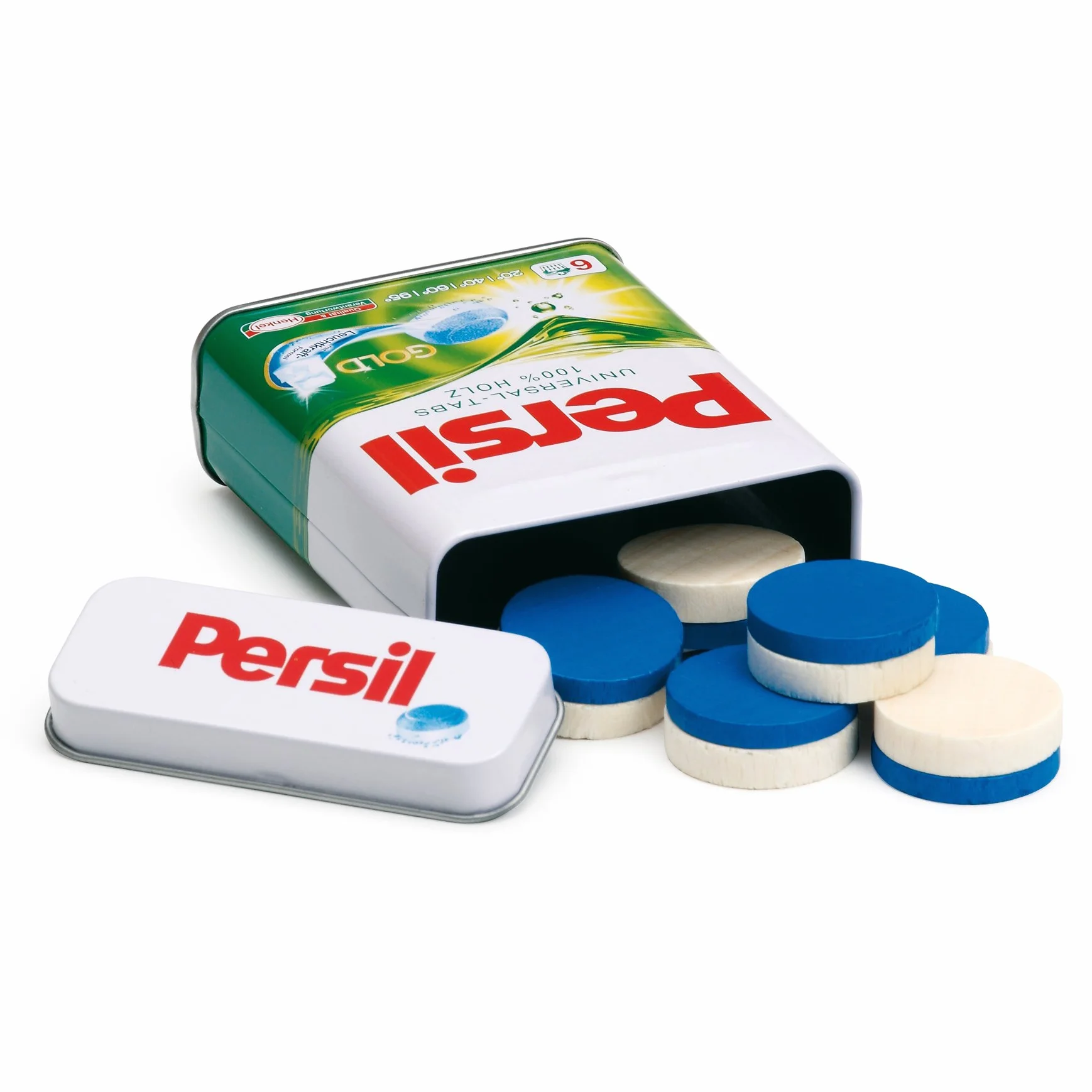 Erzi 21201 Persil tabletki do prania z drewna w puszce, artykuły sklepowe dla dzieci, odgrywanie ról