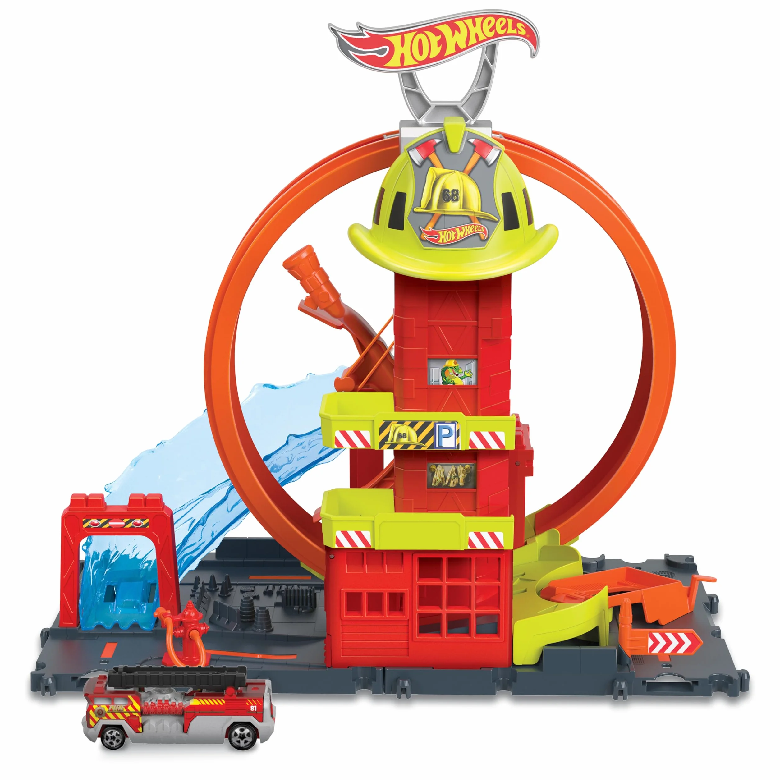 Hot Wheels HKX41 - HW City z 1 samochodem zabawkowym, ręcznie sterowaną windą, rampą przypominającą wodę, elementami toru, remizą strażacką z super pętlą, samochody zabawkowe dla dzieci od 4 lat