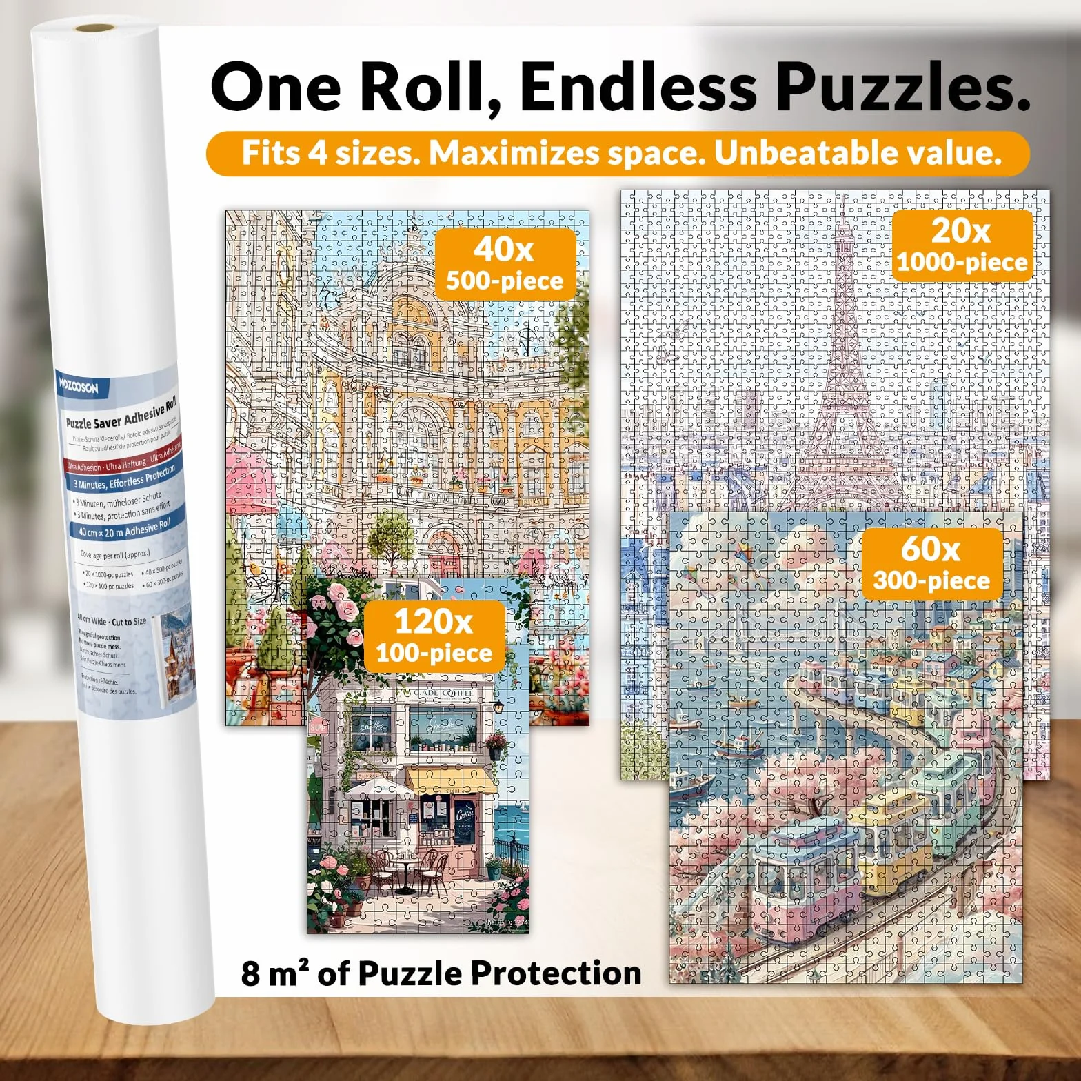 Papier samoprzylepny MOZOOSON do konserwacji puzzli z 1 szpatułką. Najlepszy sposób na zachowanie gotowych puzzli – 40 x 2000 cm