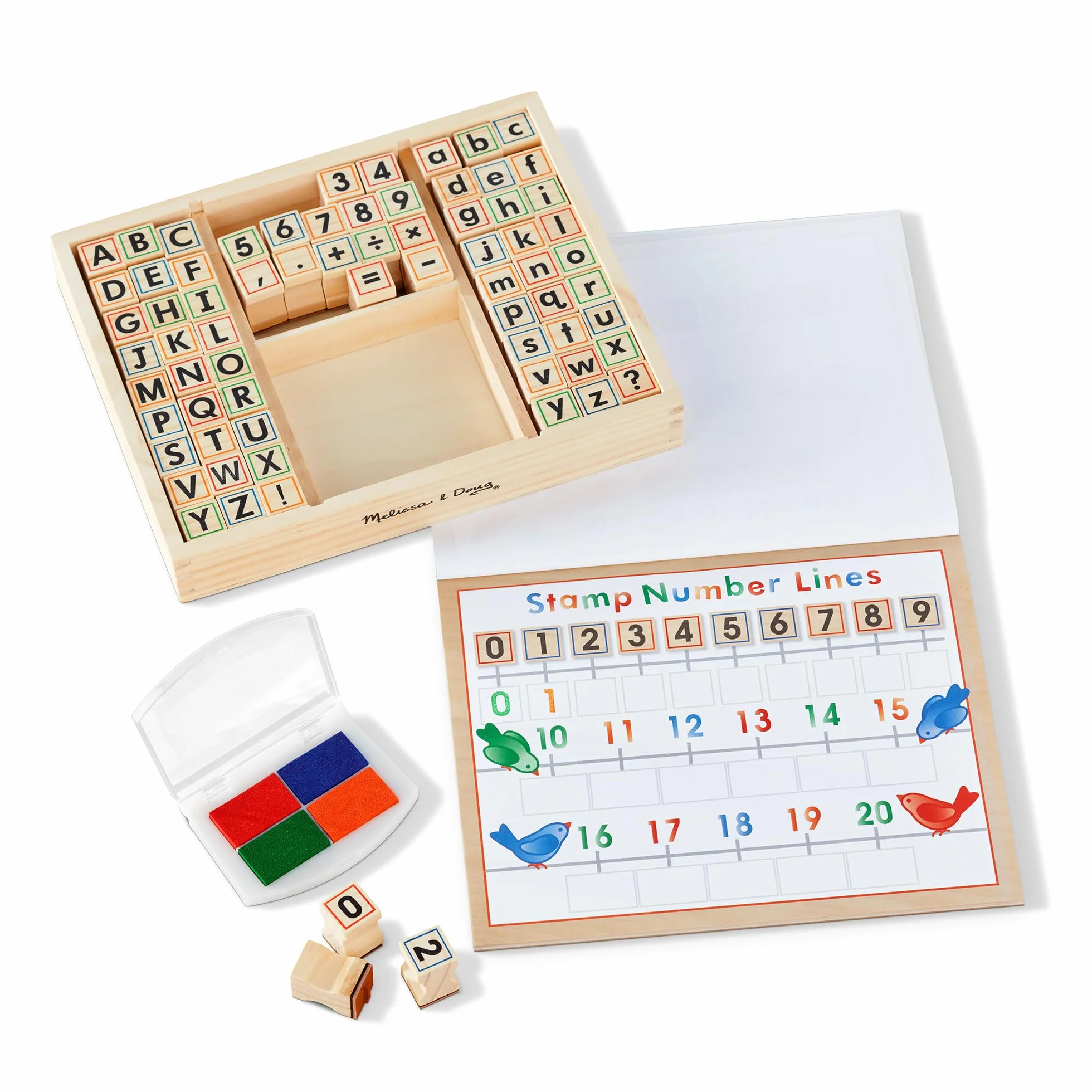 Melissa & Doug – luksusowy drewniany zabawkowy zestaw pieczątek z literkami i cyferkami | rzemiosło i sztuka | zestawy pieczątek i szablonów | 3+ | prezent dla chłopca lub dziewczynki