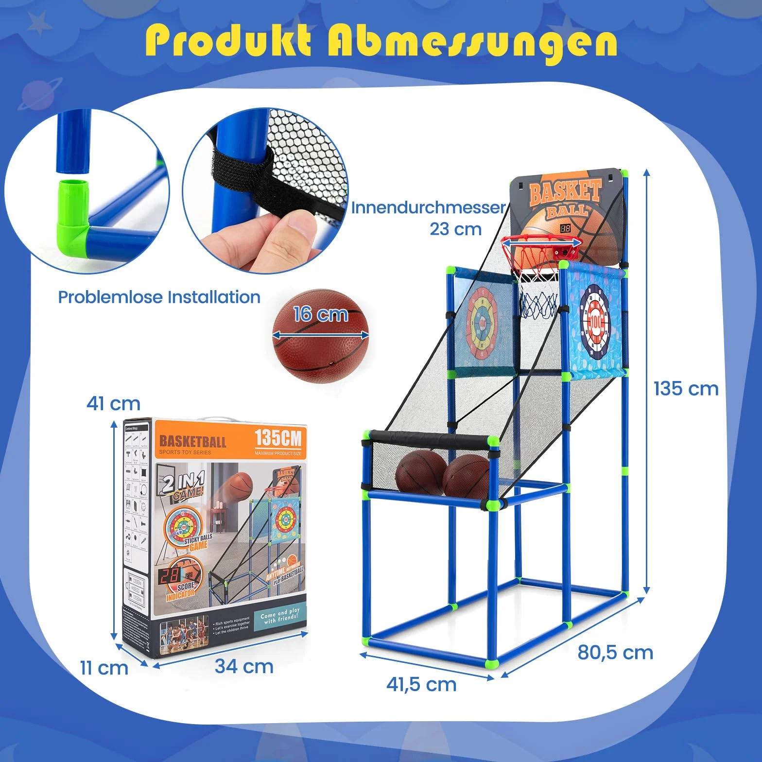 COSTWAY Arcade zestaw do gry w koszykówkę, stojak do koszykówki z tablicą wyników i efektem dźwiękowym, w zestawie 2 piłki do koszykówki, 1 pompka, 2 tarcze celujące, 8 piłek na rzepy, automat do