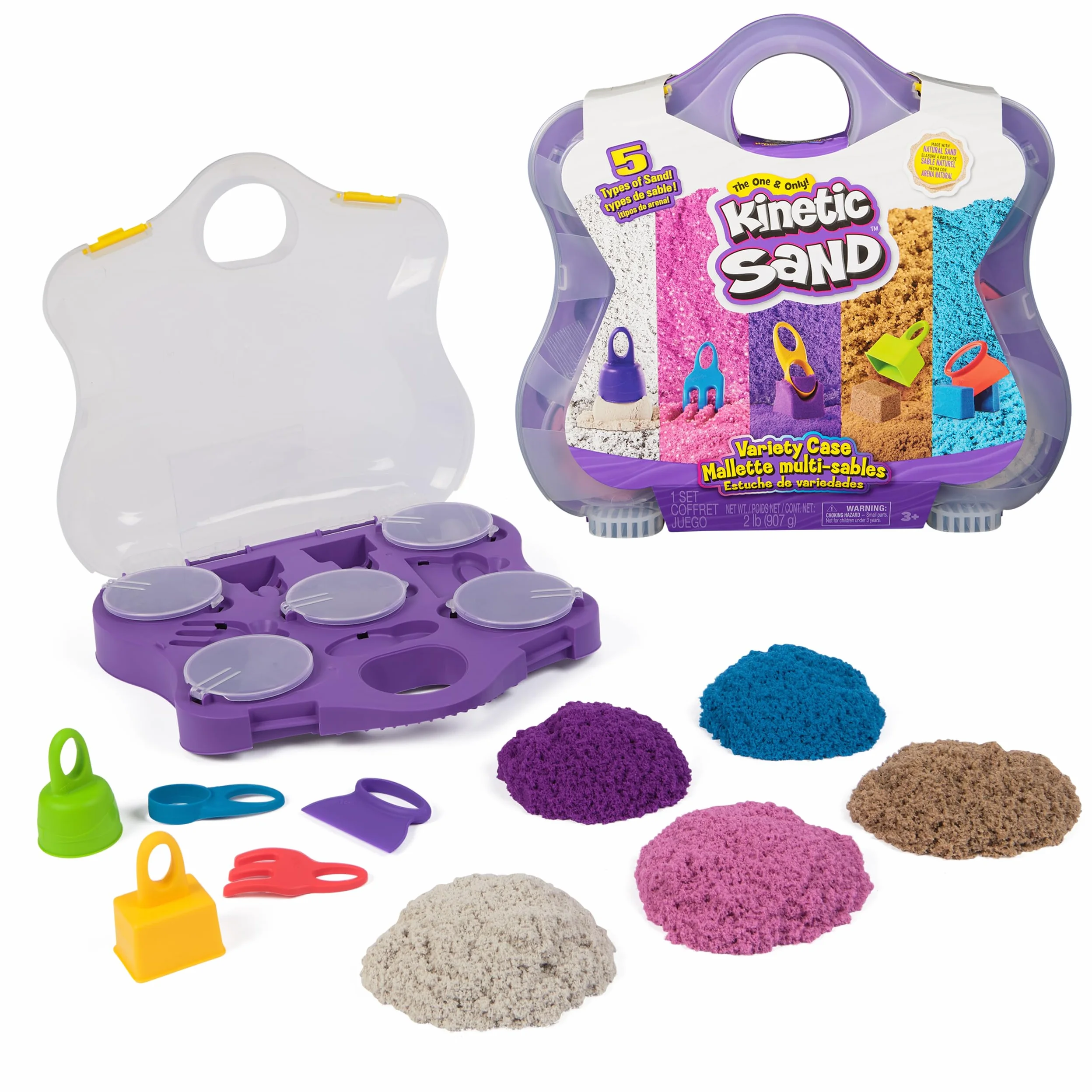 Kinetic Sand Walizka do zabawy w kolorach – 907 g magicznego piasku ze Szwecji w 5 kolorach i z 5 narzędziami do kreatywnej zabawy w pomieszczeniach, dla dzieci od 3 lat