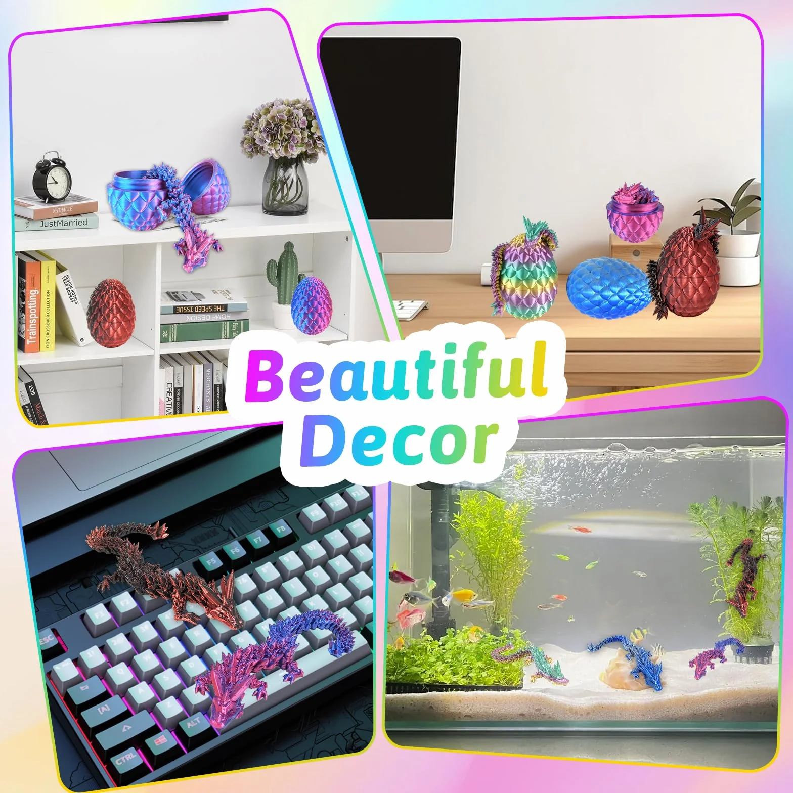 3D Drukowane Smoki w Jaju, 4-pakt 3D Drukowane Jajo Smoka z Smokiem Wewnątrz Styczna Figurka Smoka z Kryształu, Wypełniacze na Wiosenny Kosz, 3D Drukowana Zabawka do Rozgryzania na Boże Narodzenie