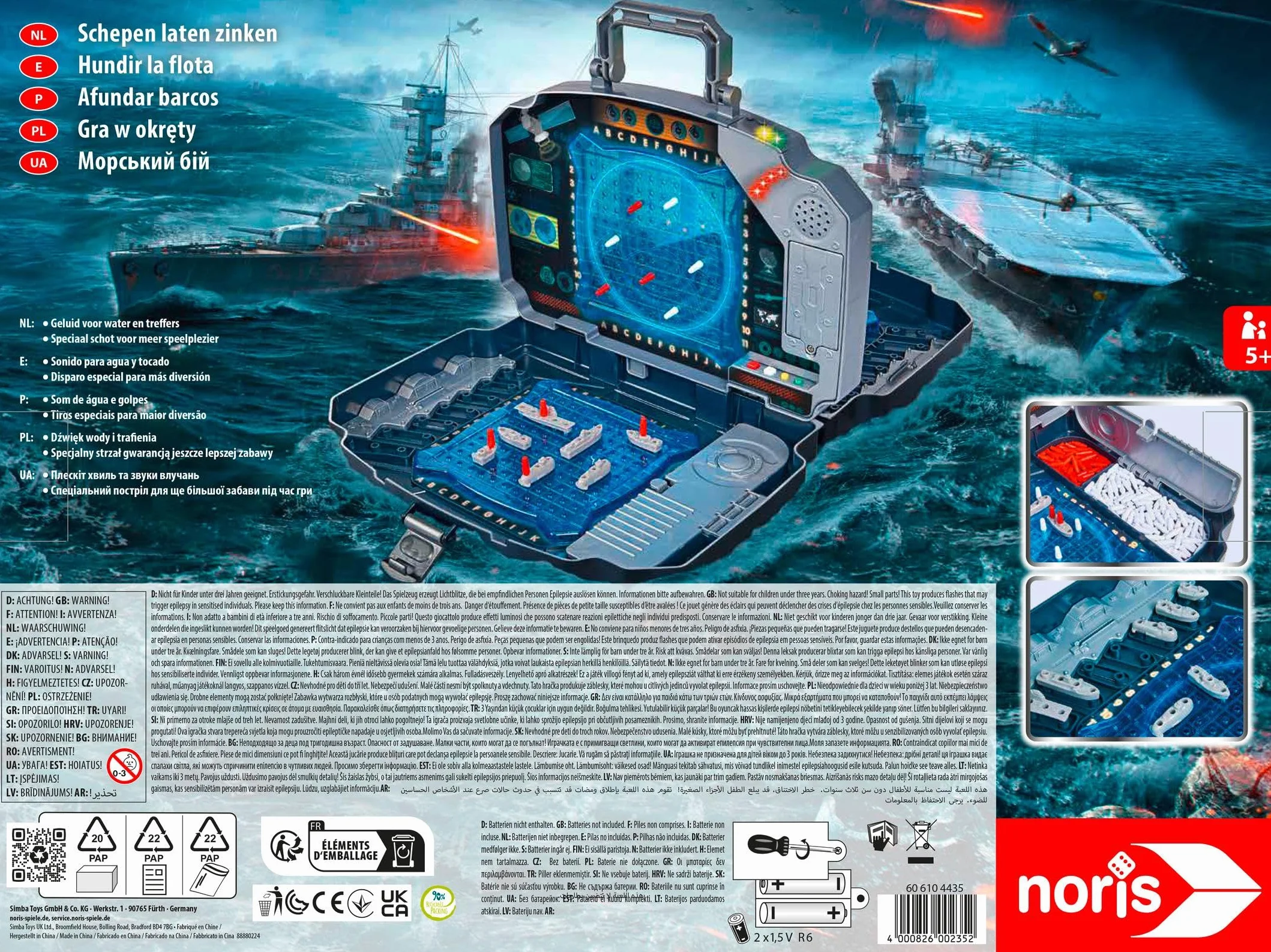 Noris 606104435 Elektroniczna gra w okręty ze światłem i dźwiękiem, gra akcji dla całej rodziny, solidne opakowanie - walizka, przeznaczona dla dzieci od 5 lat