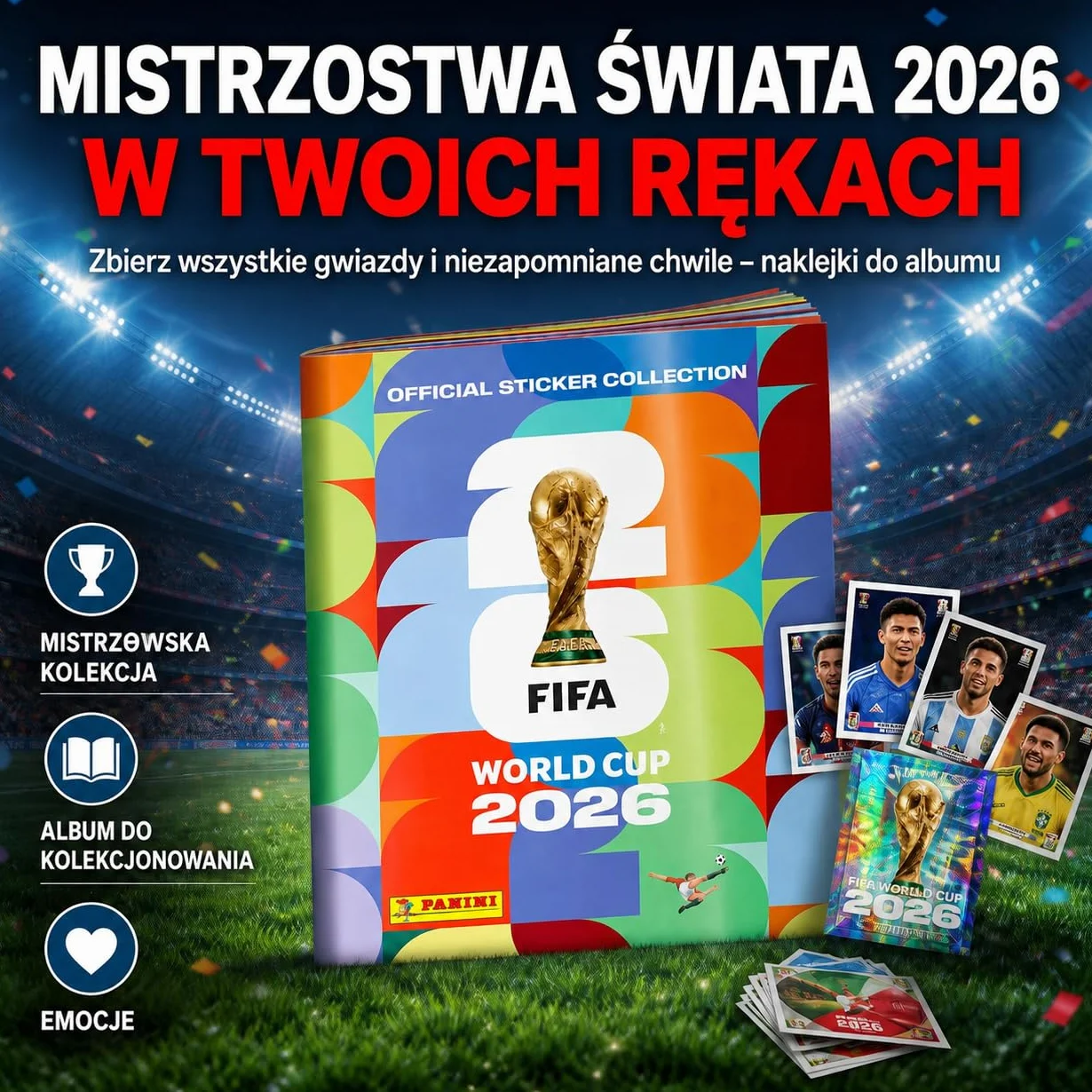 Zestaw startowy XXL Fan WM 2026 – oryginalny album z naklejkami Panini, ekstra 1 x plan meczów i 2 x opaski przeciwpotowe w Niemczech (album kolekcjonerski)
