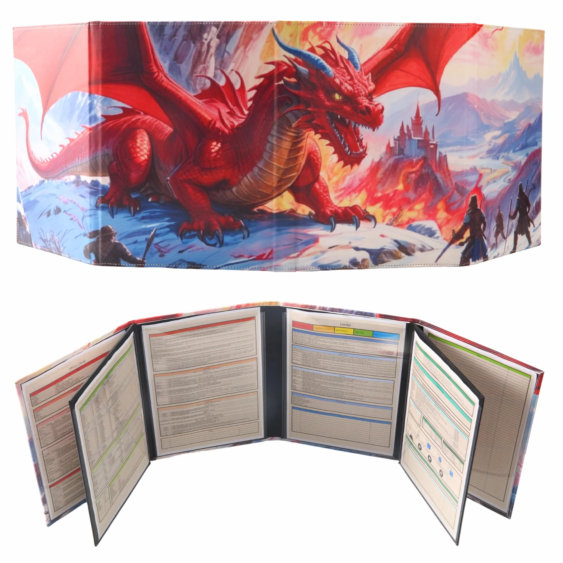 DND 5e Ekran DM 8 Panele z imitacji skóry Deluxe 2 zawieszone kieszenie do wymazywania na mokro i cheat sheet dla Mistrza Lodów Dungeons and Dragons Akcesoria do terenu GM Mapa TTRPG Prezent dla
