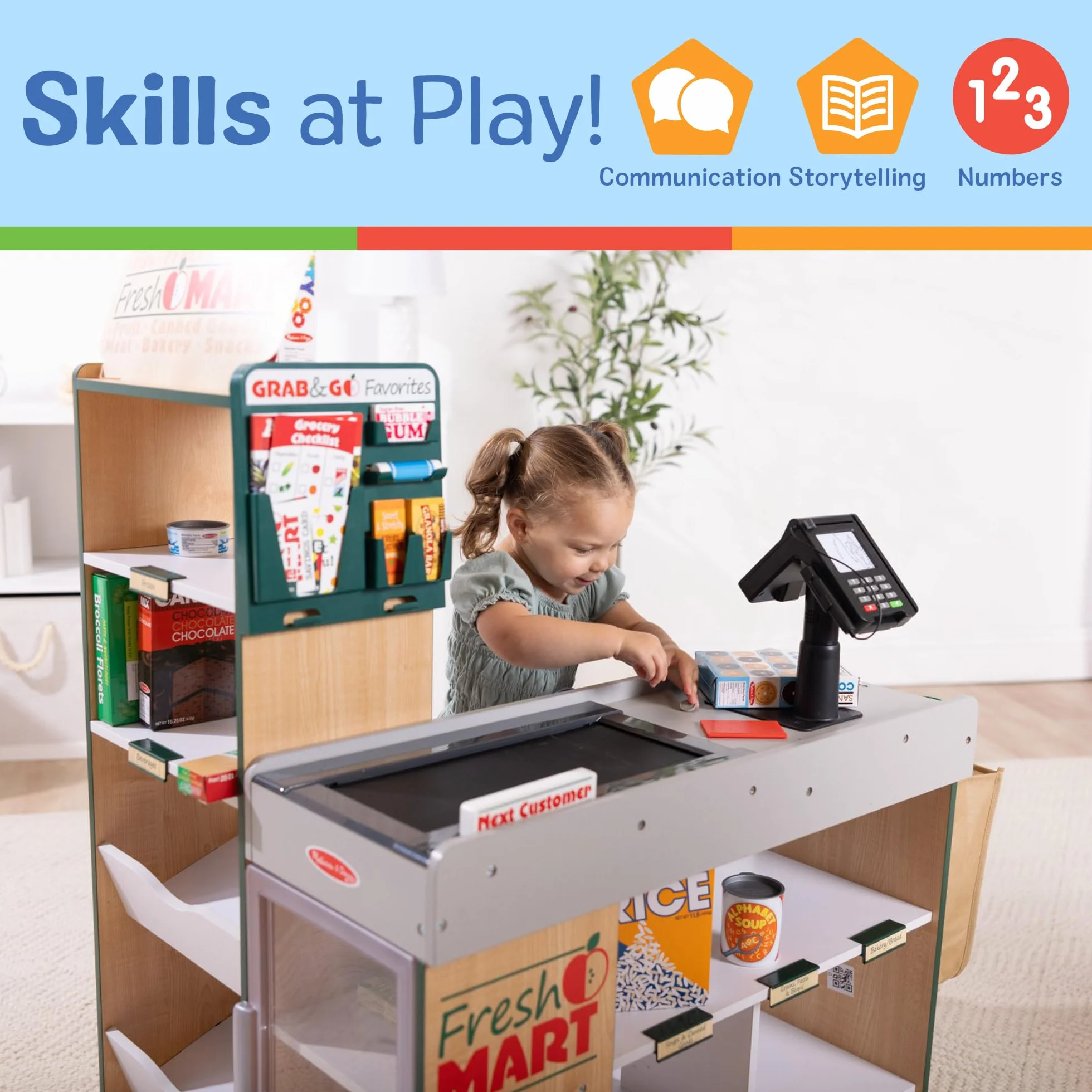 Melissa & Doug Drewniany sklep spożywczy Fresh Mart | Kasa dla dzieci | Zabawa w supermarket dla dzieci| Bardzo duży drewniany zestaw do zabawy z akcesoriami | Prezent dla chłopców I dziewczynek