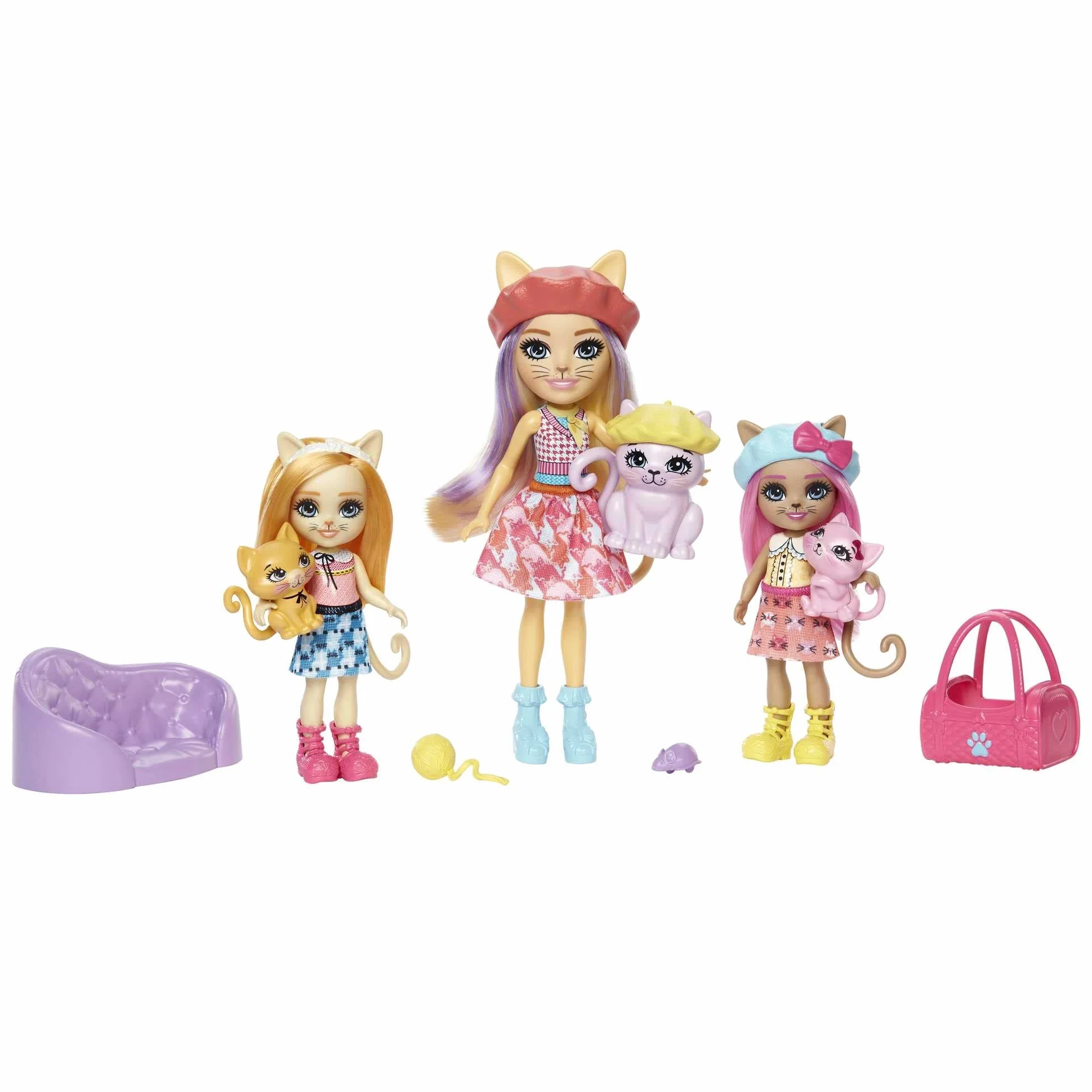 Enchantimals Carmel Cat Rodzinka kotków Zestaw do zabawy z 3 lalkami, 3 figurkami kotków, ponad 10 elementów, prezent dla dzieci od 4 roku życia, HHC11