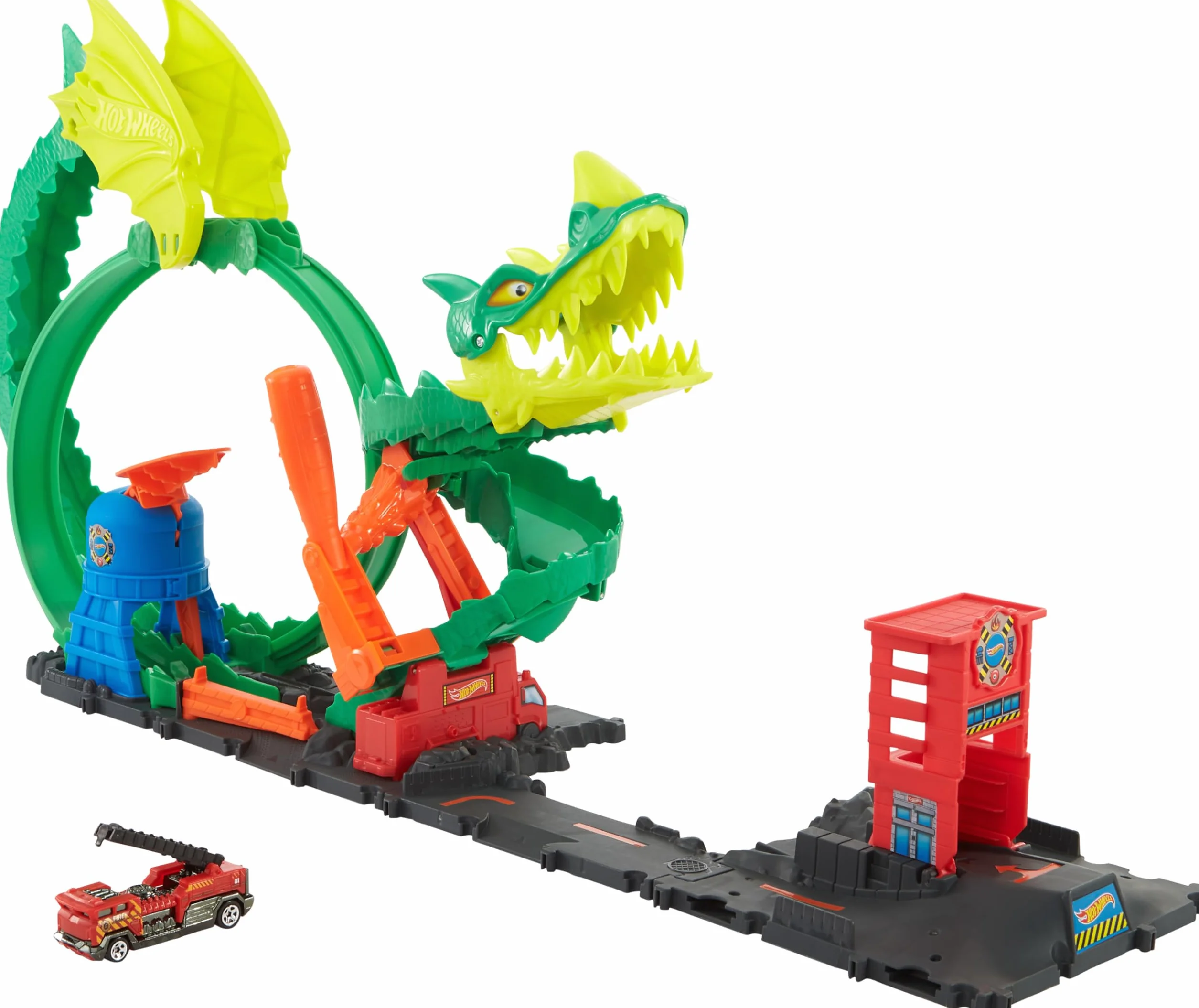 Hot Wheels Pętla smoka Zestaw do zabawy z wyzwaniami kaskaderskimi i 1 samochodzikiem Hot Wheels, łączy się z innymi zestawami, prezent dla dzieci od 3 do 8 lat, HDP03