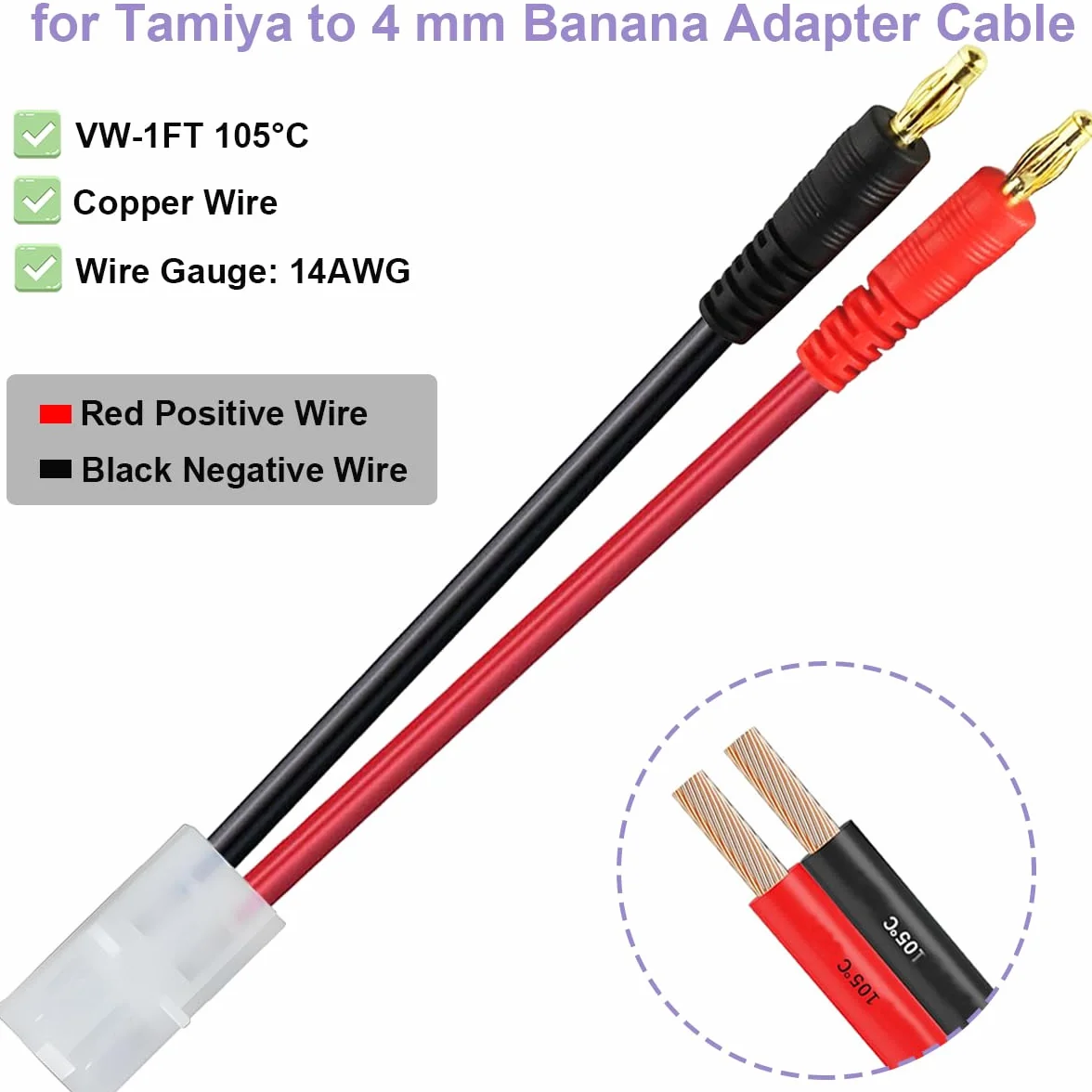 4 szt. Kabel do złącza bananowego Tamiya 4 mm Duży kabel adaptera do męsko-żeńskiego Tamiya do bananowego 4,0 mm 14 AWG, do drona RC FPV Samochód Ciężarówka Akumulator Quadcopter