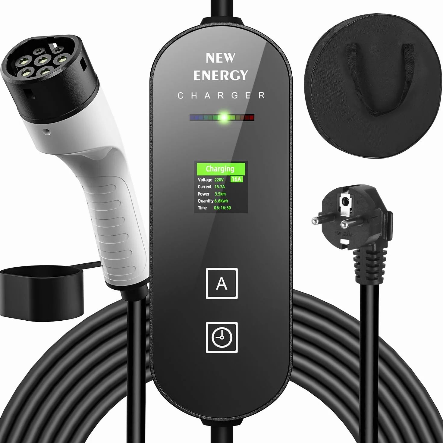 typ 2 kabel do ładowania Schuko, 3,5 kW 6-16 A, przenośny kabel do ładowania EV Chargers ze sterowanym wyświetlaczem cyfrowym do samochodów elektrycznych, ładowarka EV do modelu 3/Y 3008/508, C5X,