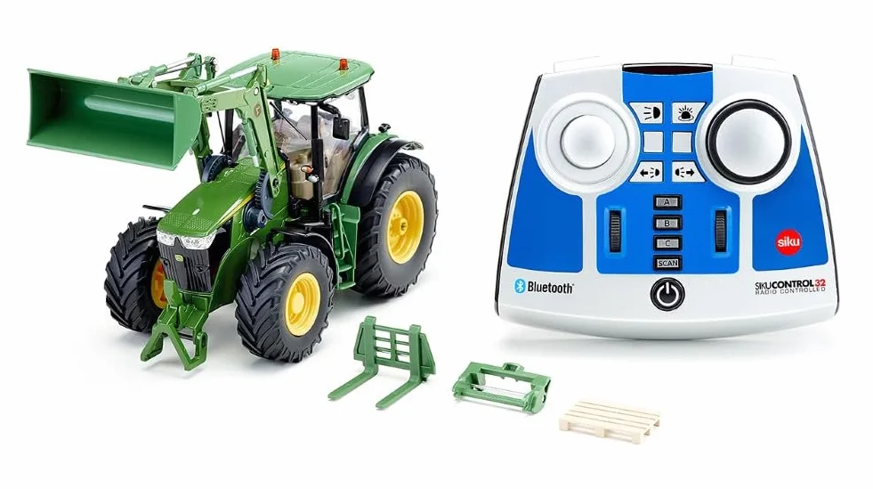 Siku 6795, John Deere 7310R Traktor z ładowaczem czołowym, Zielony, Metal,Tworzywo sztuczne, 1:32, Zdalnie sterowany, W zestawie pilot Bluetooth i akcesoria, Możliwość sterowania przez aplikację