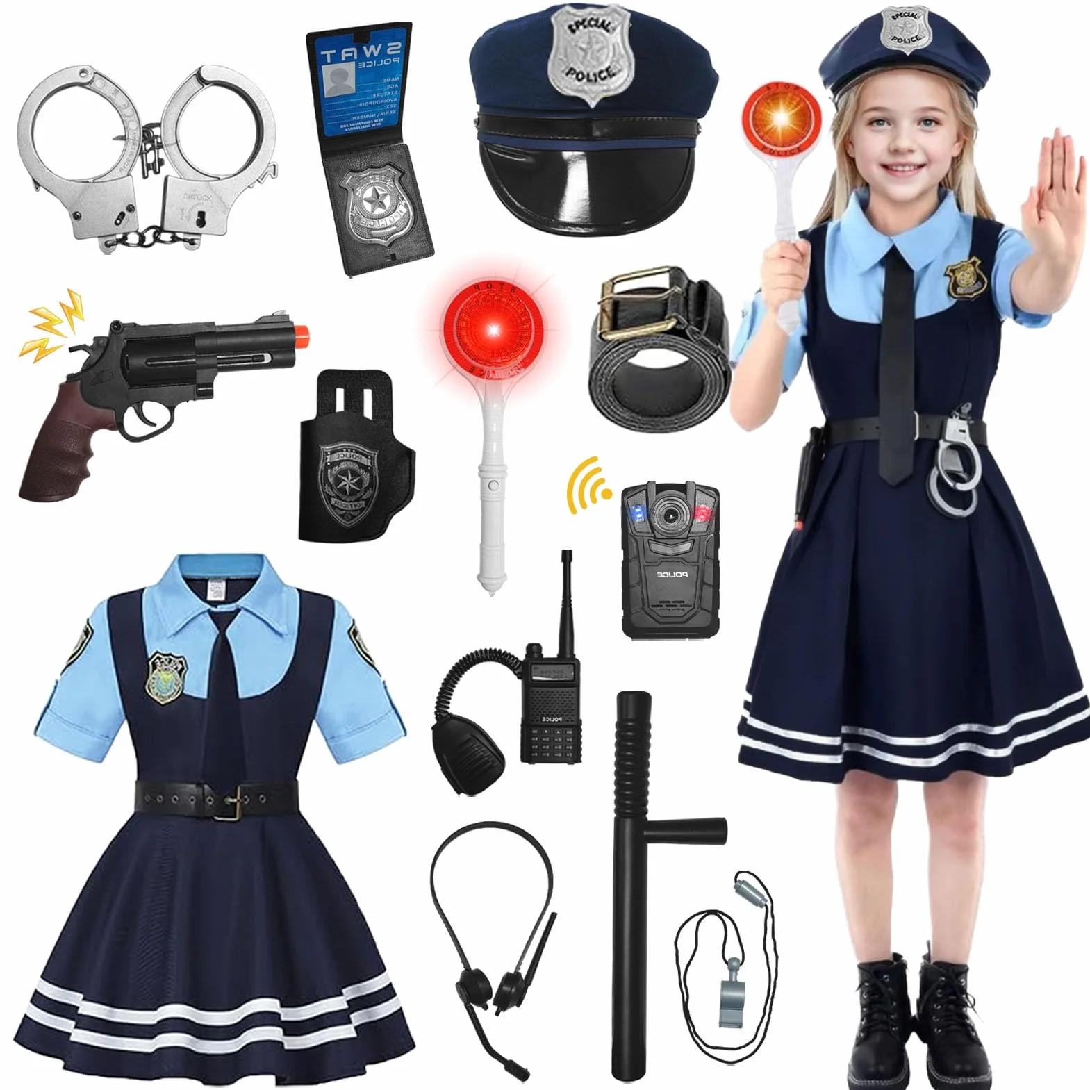 Kostium policyjny dla dzieci, dla dziewczynki, strój policjantki z czapką, paskiem, kajdankami, zestaw akcesoriów, na karnawał, Halloween, karnawał, cosplay